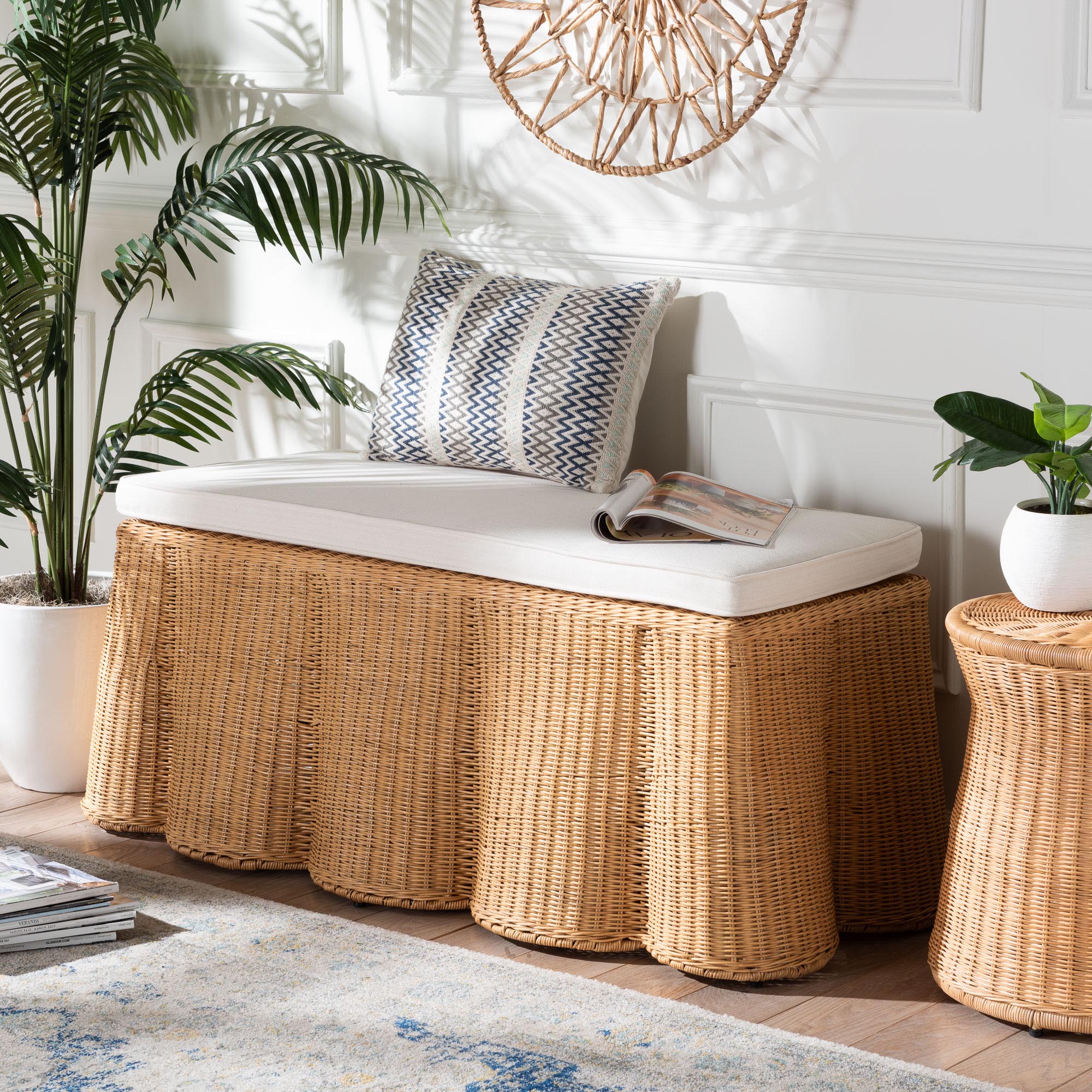 bali & pari Palm Scallop Rattan Ottoman with Cushion - Handwoven Wicker Accent Bench for Living Room, Bedroom or Entryway, Coastal Boho Style Accent Furniture, Rectangle