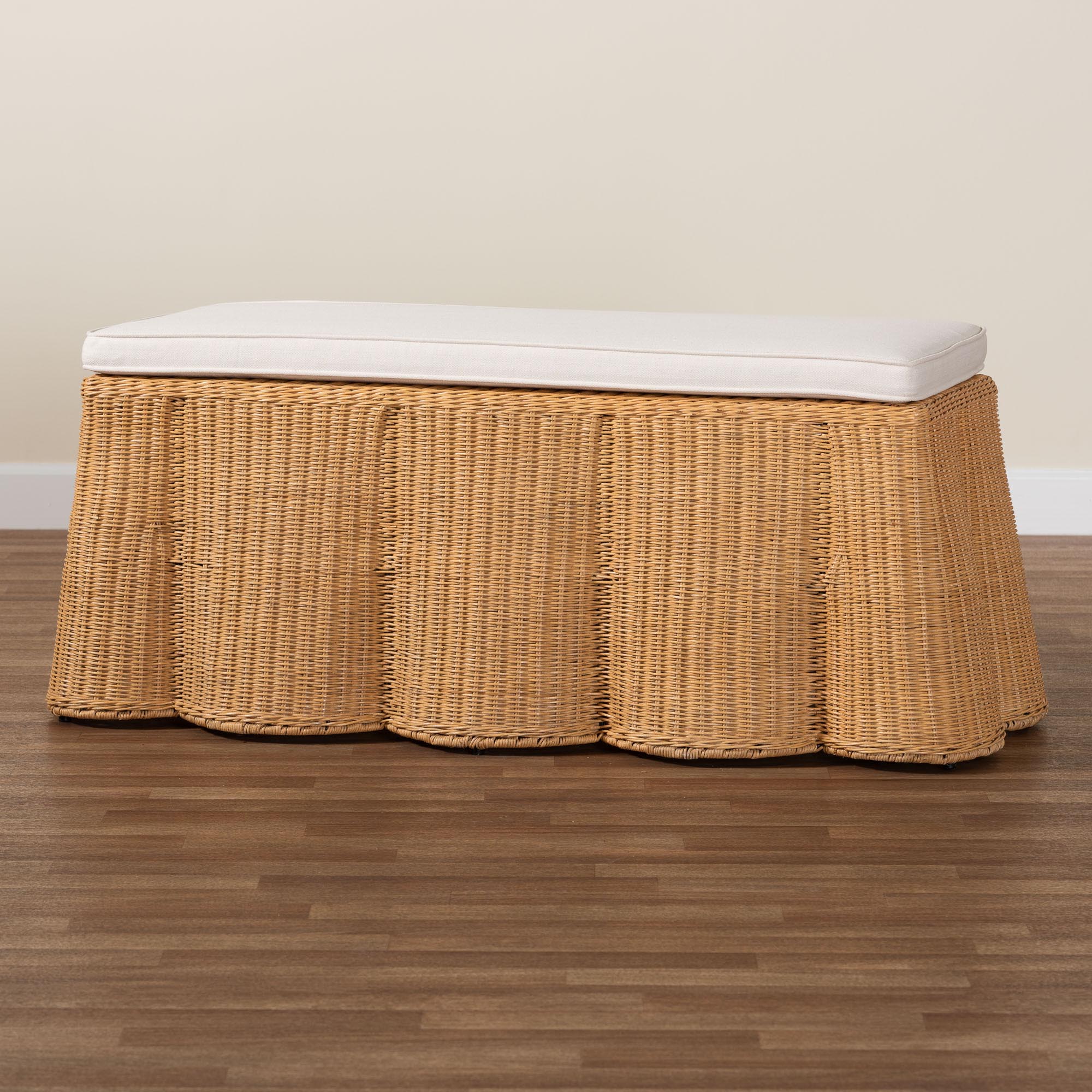 bali & pari Palm Scallop Rattan Ottoman with Cushion - Handwoven Wicker Accent Bench for Living Room, Bedroom or Entryway, Coastal Boho Style Accent Furniture, Rectangle