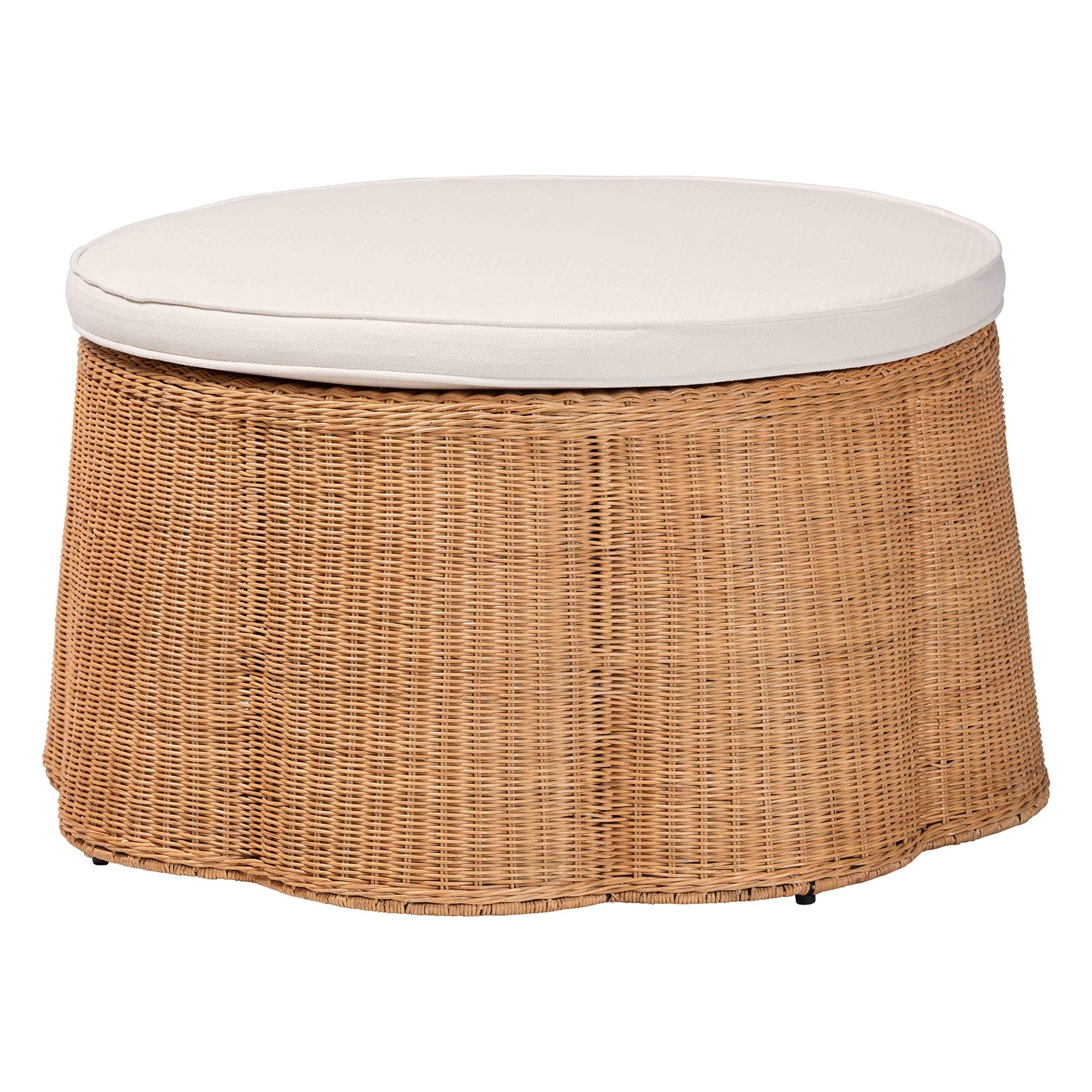 bali & pari Palm Scallop Rattan Ottoman with Cushion - Handwoven Wicker Accent Stool or Footrest for Living Room, Bedroom, or Sunroom, Coastal Boho Style, 32" Round