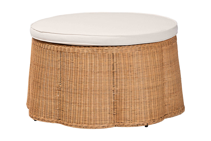 bali & pari Palm Scallop Rattan Ottoman with Cushion - Handwoven Wicker Accent Stool or Footrest for Living Room, Bedroom, or Sunroom, Coastal Boho Style, 32" Round