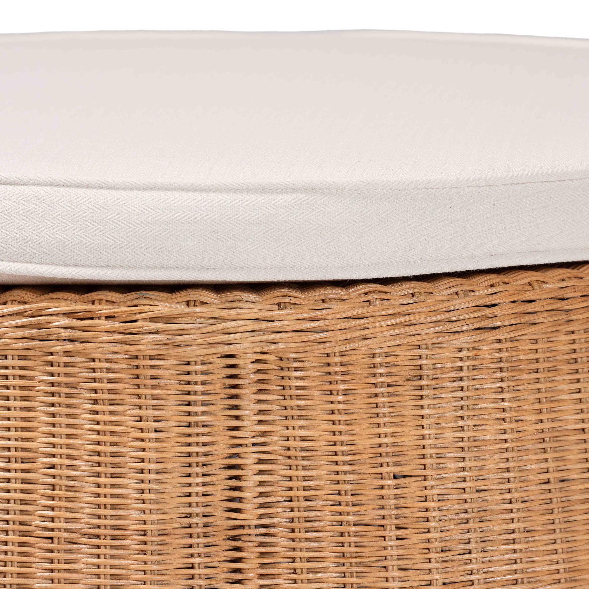 bali & pari Palm Scallop Rattan Ottoman with Cushion - Handwoven Wicker Accent Stool or Footrest for Living Room, Bedroom, or Sunroom, Coastal Boho Style, 32" Round