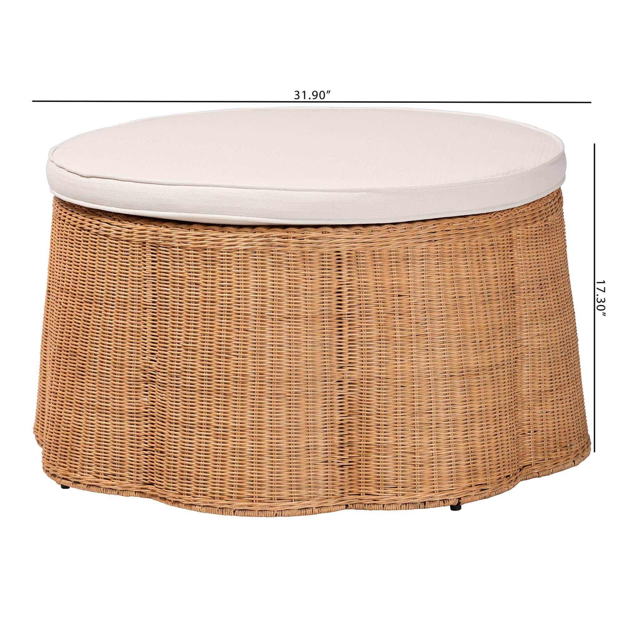 bali & pari Palm Scallop Rattan Ottoman with Cushion - Handwoven Wicker Accent Stool or Footrest for Living Room, Bedroom, or Sunroom, Coastal Boho Style, 32" Round