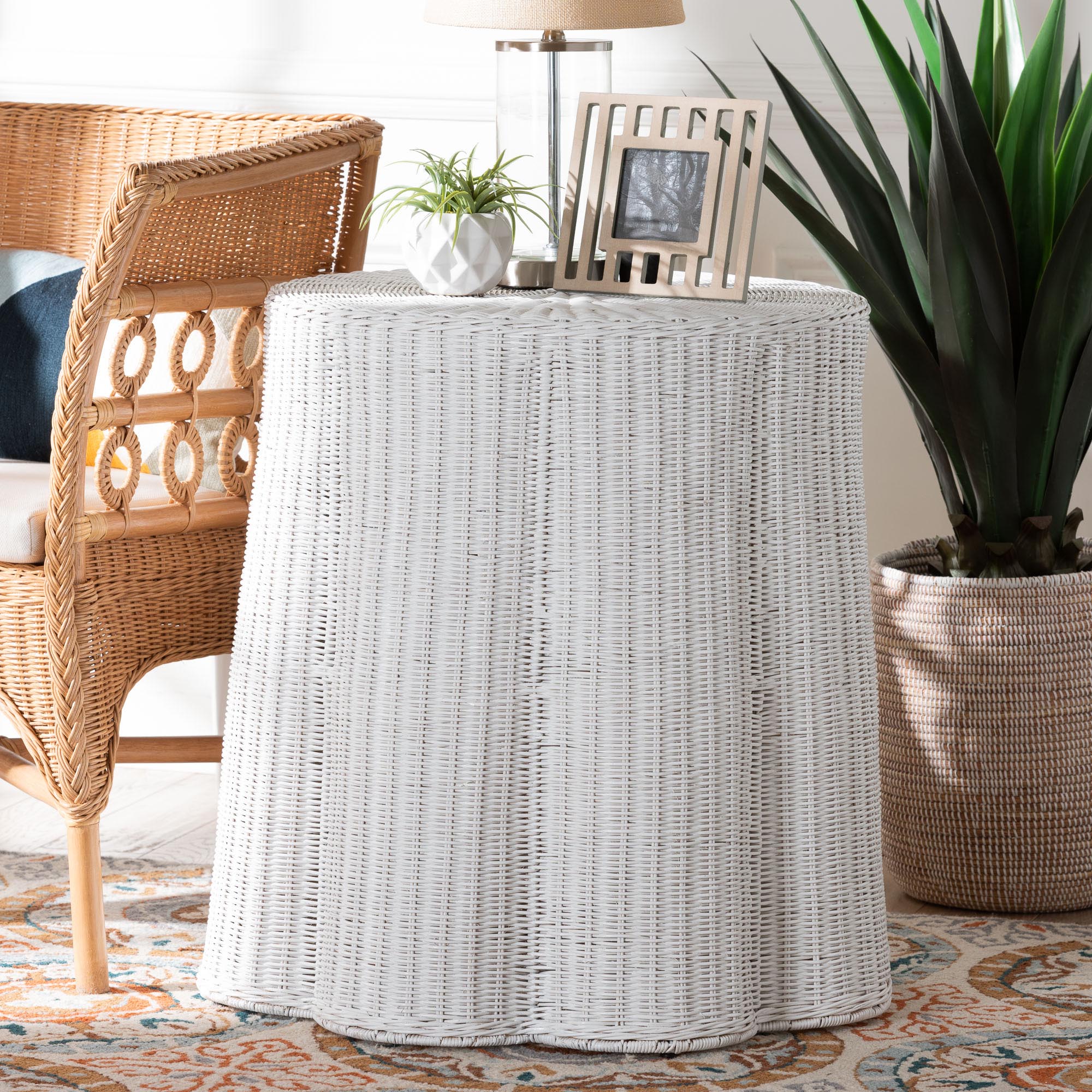 Bali & Pari Palm Bohemian Scalloped Rattan Console Table