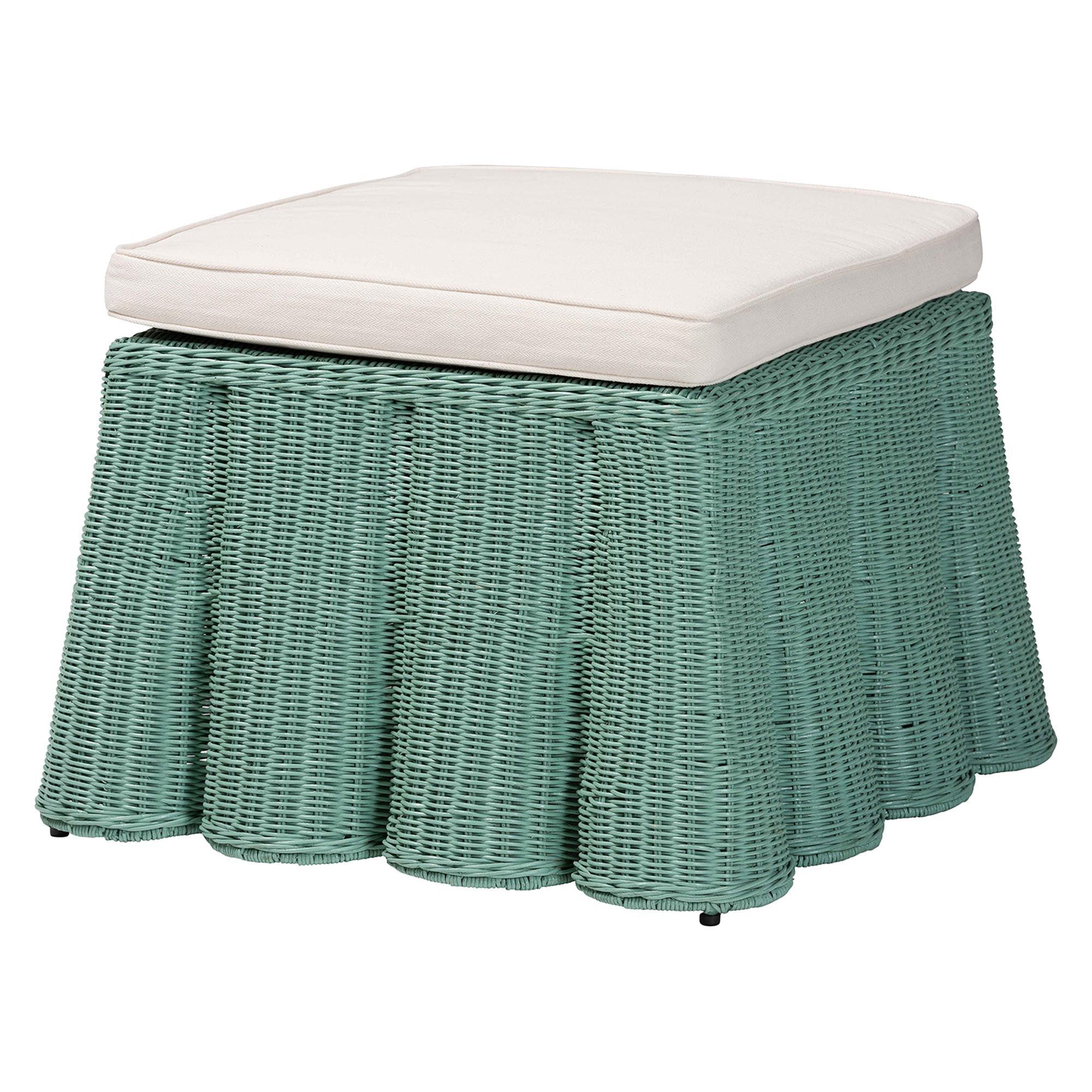 Bali & Pari Palm Bohemian Seafoam Scallop Rattan Ottoman