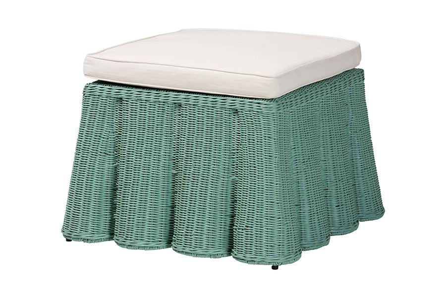 Bali & Pari Palm Bohemian Seafoam Scallop Rattan Ottoman