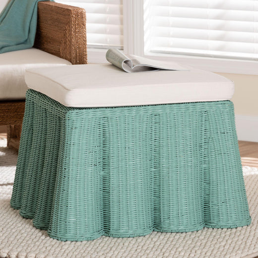 Bali & Pari Palm Bohemian Seafoam Scallop Rattan Ottoman
