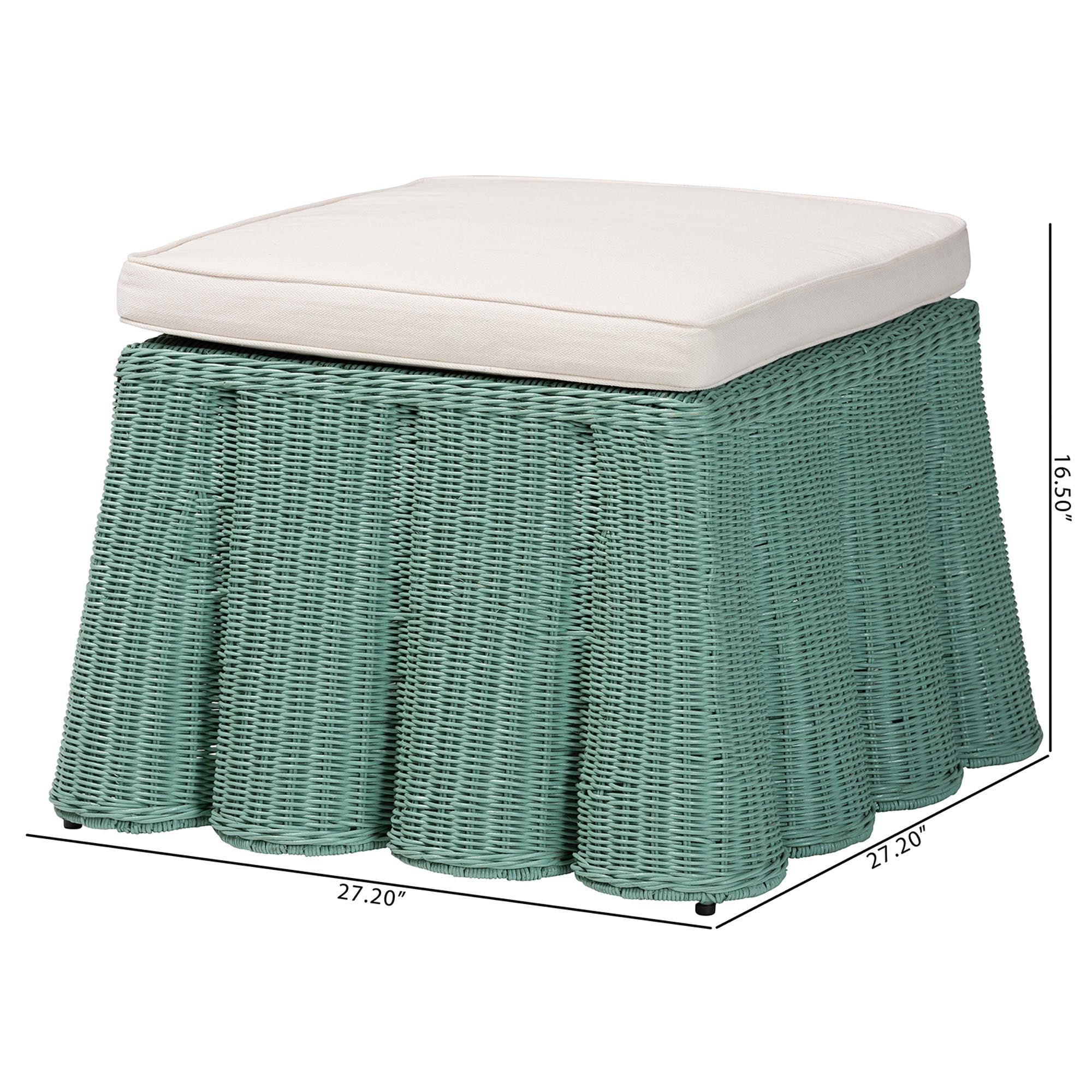 Bali & Pari Palm Bohemian Seafoam Scallop Rattan Ottoman