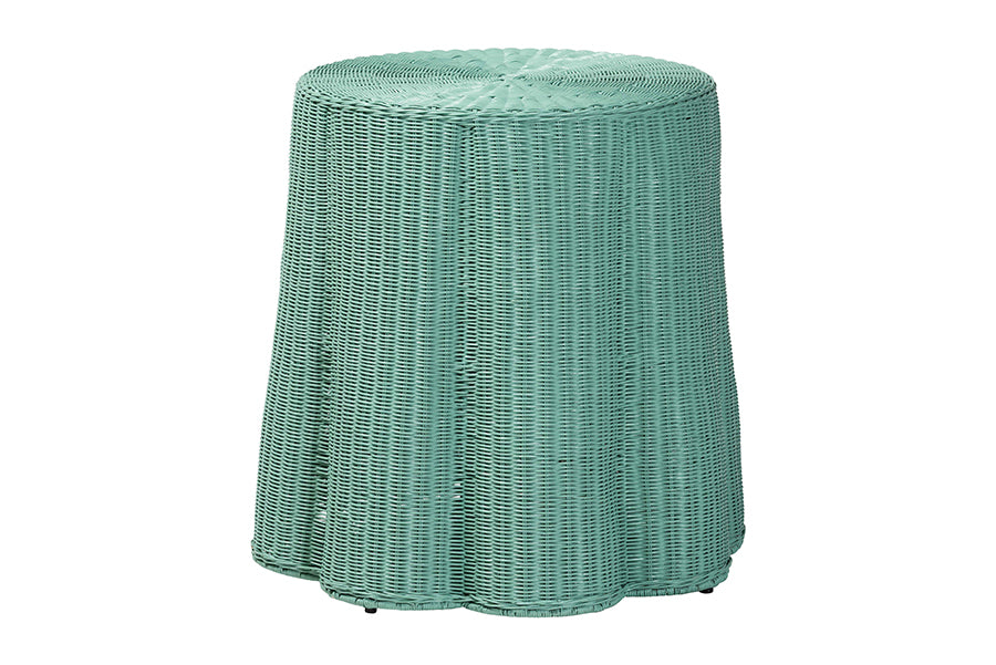bali & pari Palm Scallop Rattan Console Table - Handwoven Wicker Round Accent Table for Living Room, Sunroom or Foyer Place, Coastal Boho Style in Teal