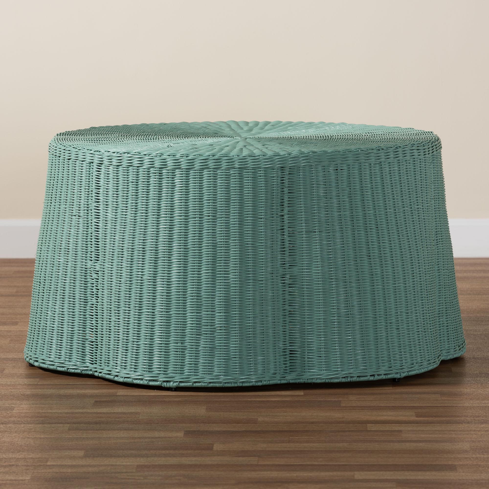 Bali & Pari Palm Bohemian Seafoam Scalloped Rattan Coffee Table