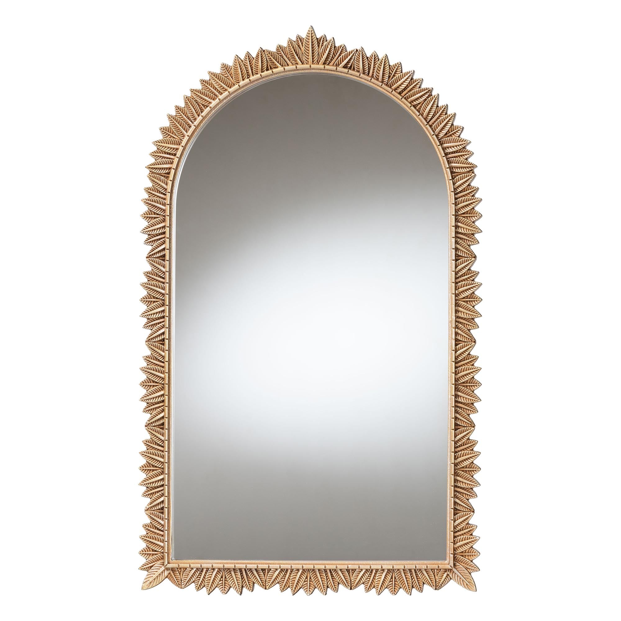 Caitlin Finished Wood Arch Accent Wall Mirror with Carved Leaf Border