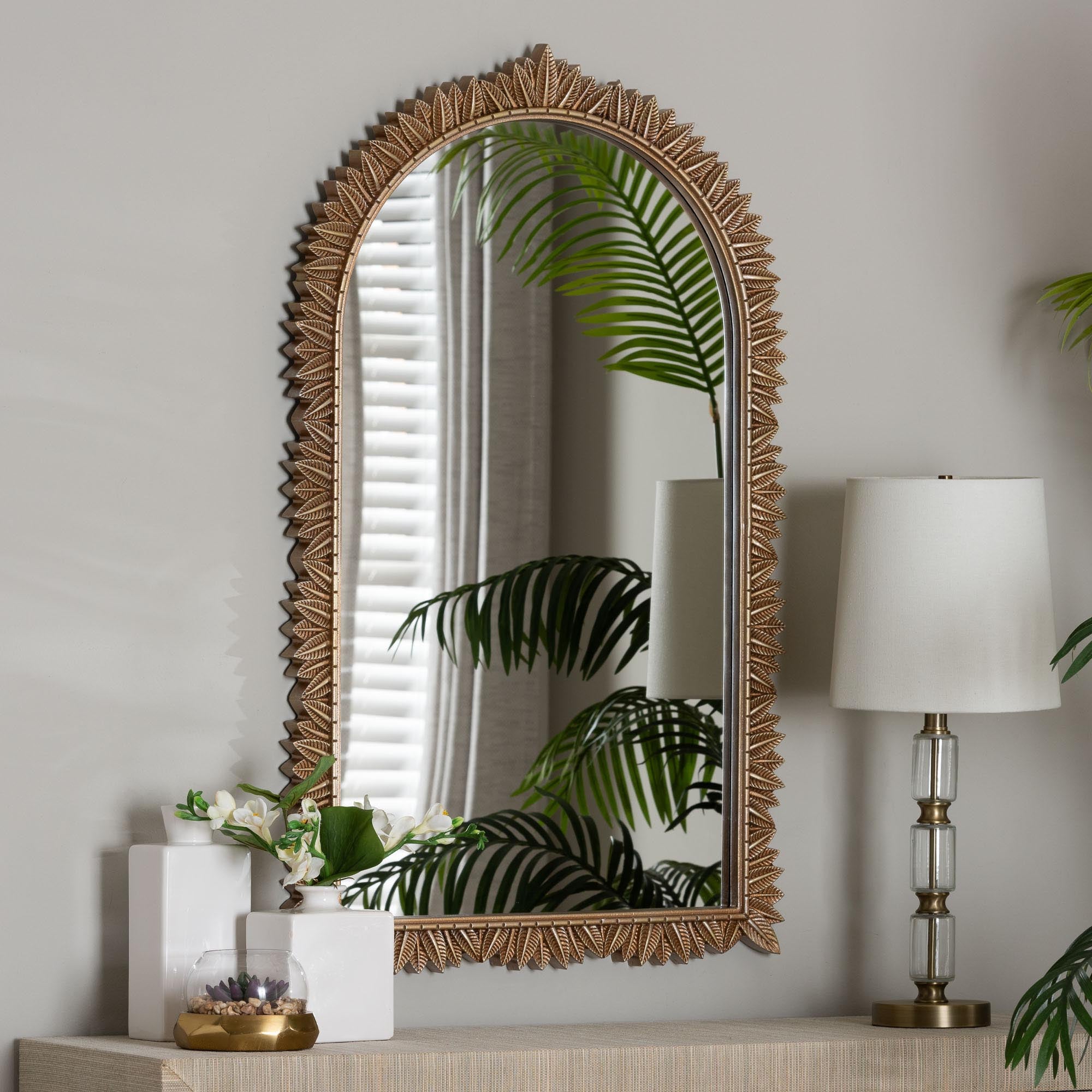 Caitlin Finished Wood Arch Accent Wall Mirror with Carved Leaf Border