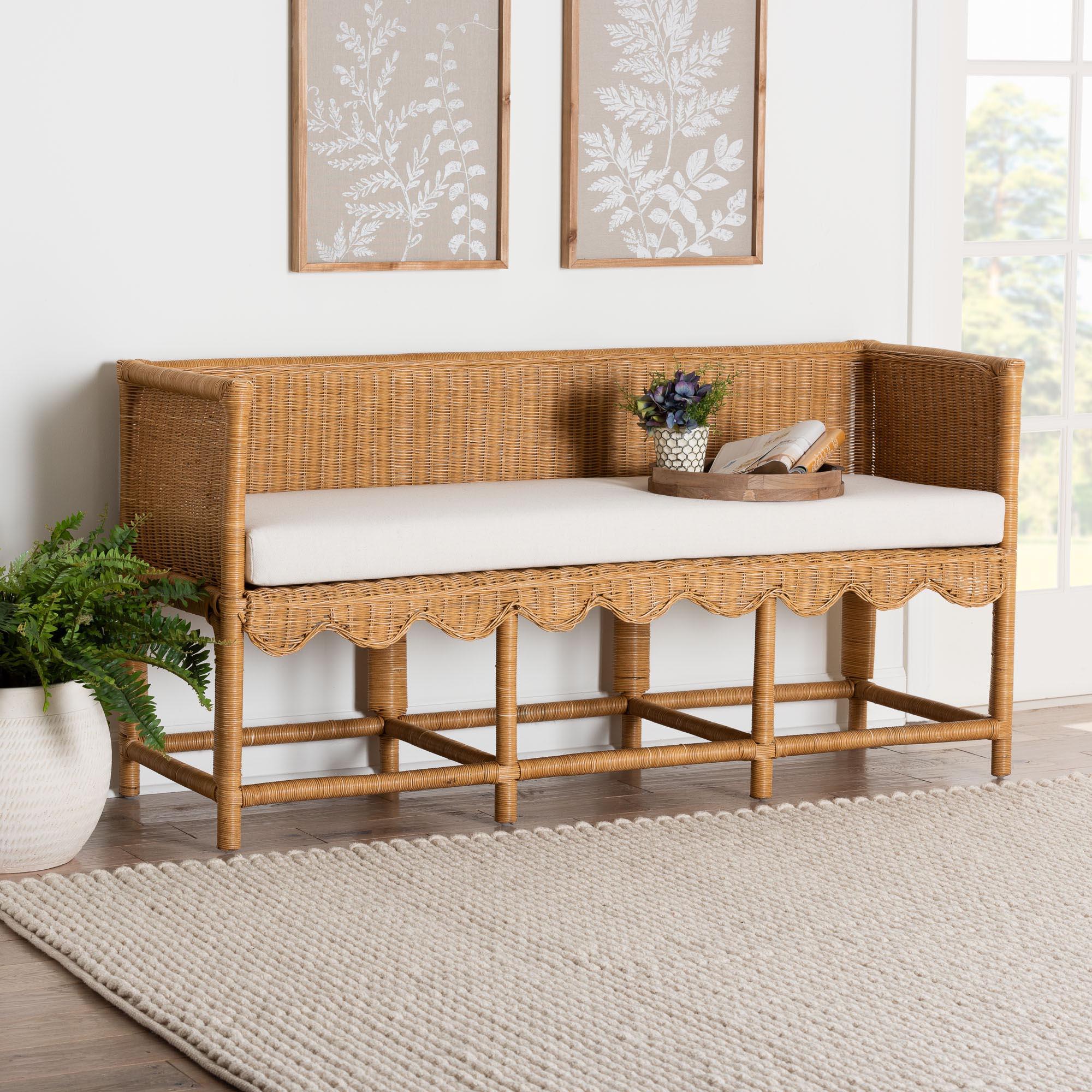 bali & pari Seranay Bohemian Scallop Light Honey Rattan Accent Bench