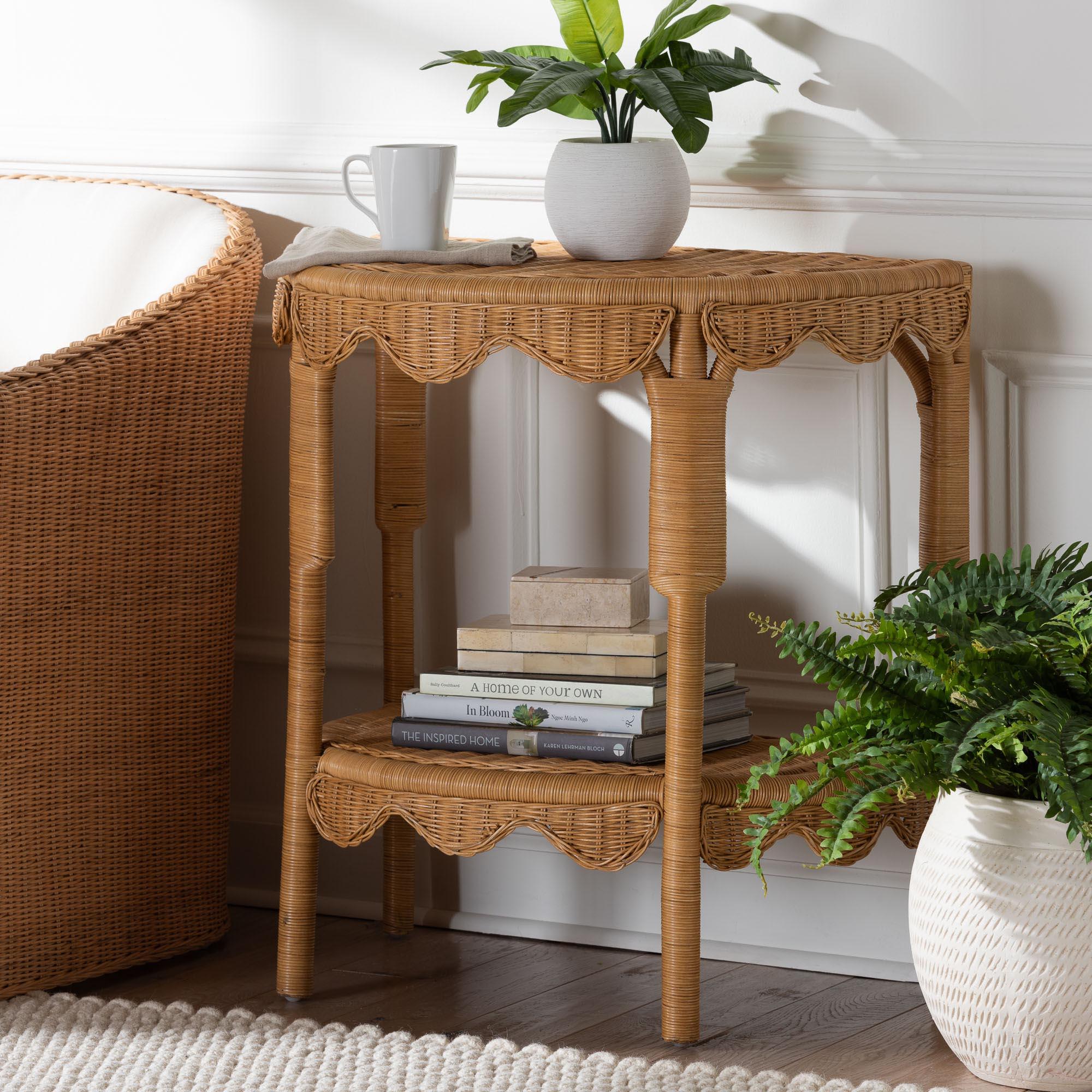 bali & pari Paisley Bohemian Scallop Light Honey Rattan Console Table