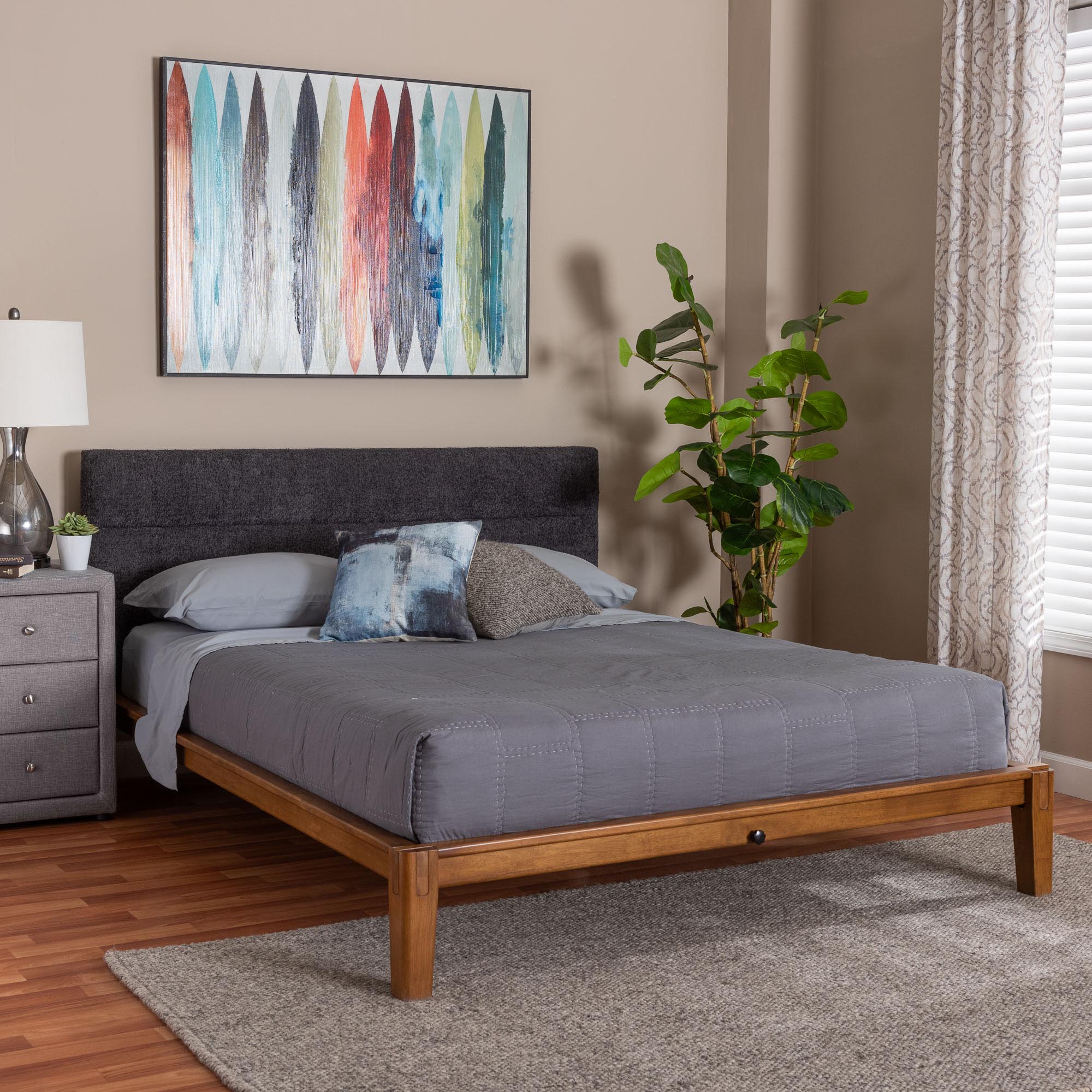 Mariette Japandi Dark Teddy Fabric and Wood Bed