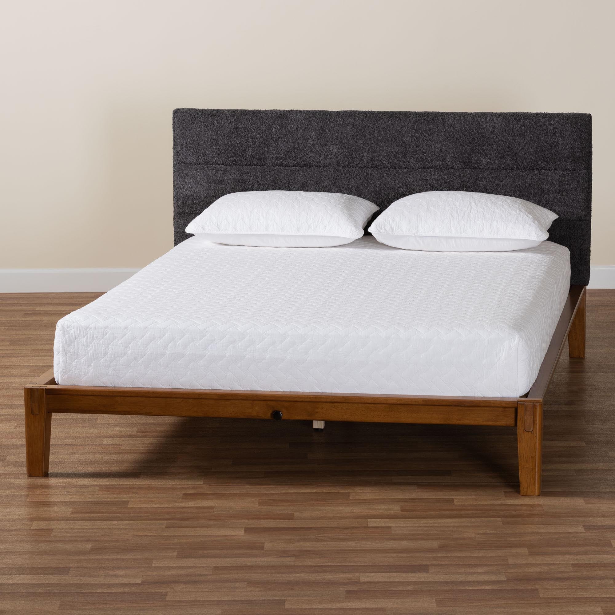 Mariette Japandi Dark Teddy Fabric and Wood Bed