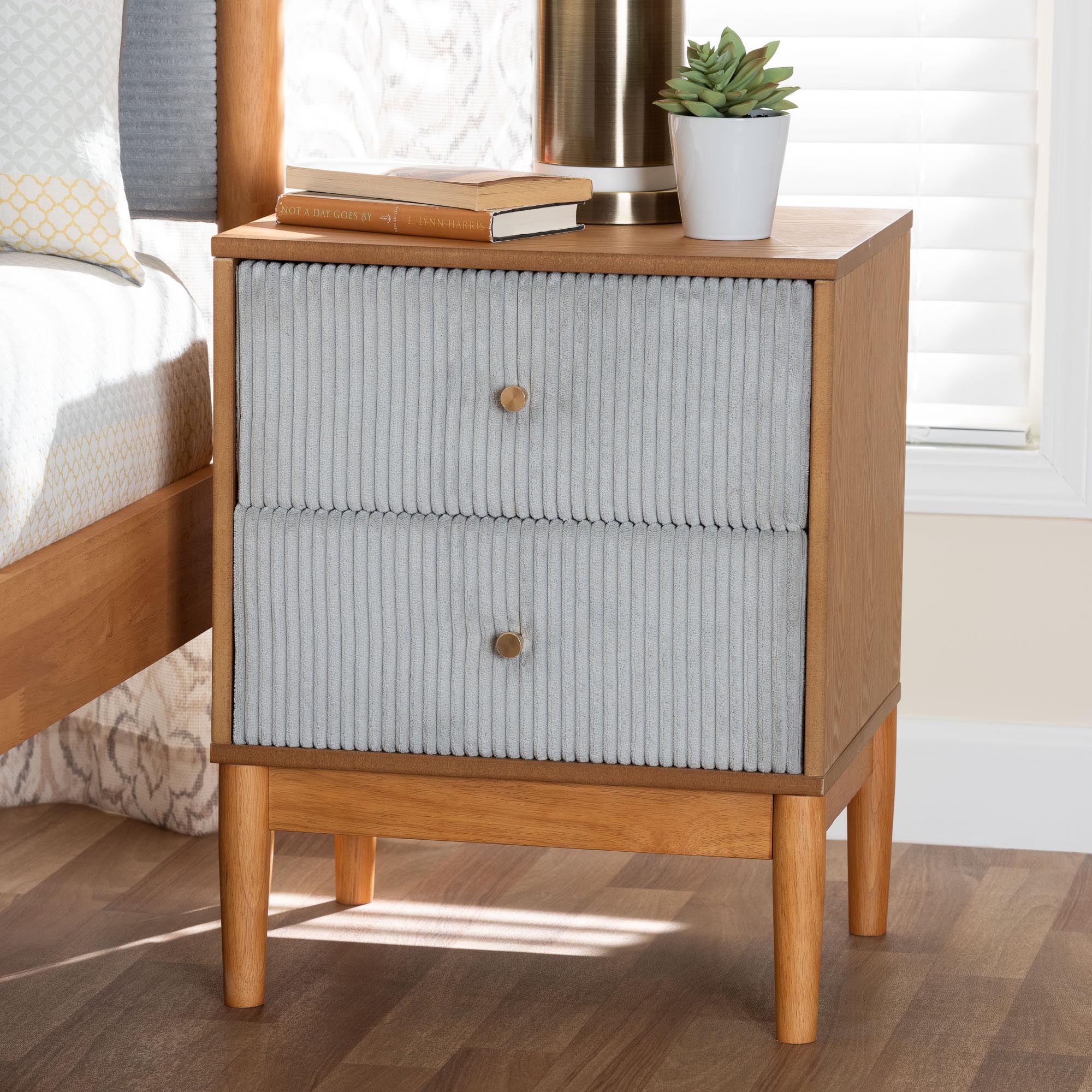 Taylin Mid-Century Corduroy and Wood 2-Drawer Nightstand