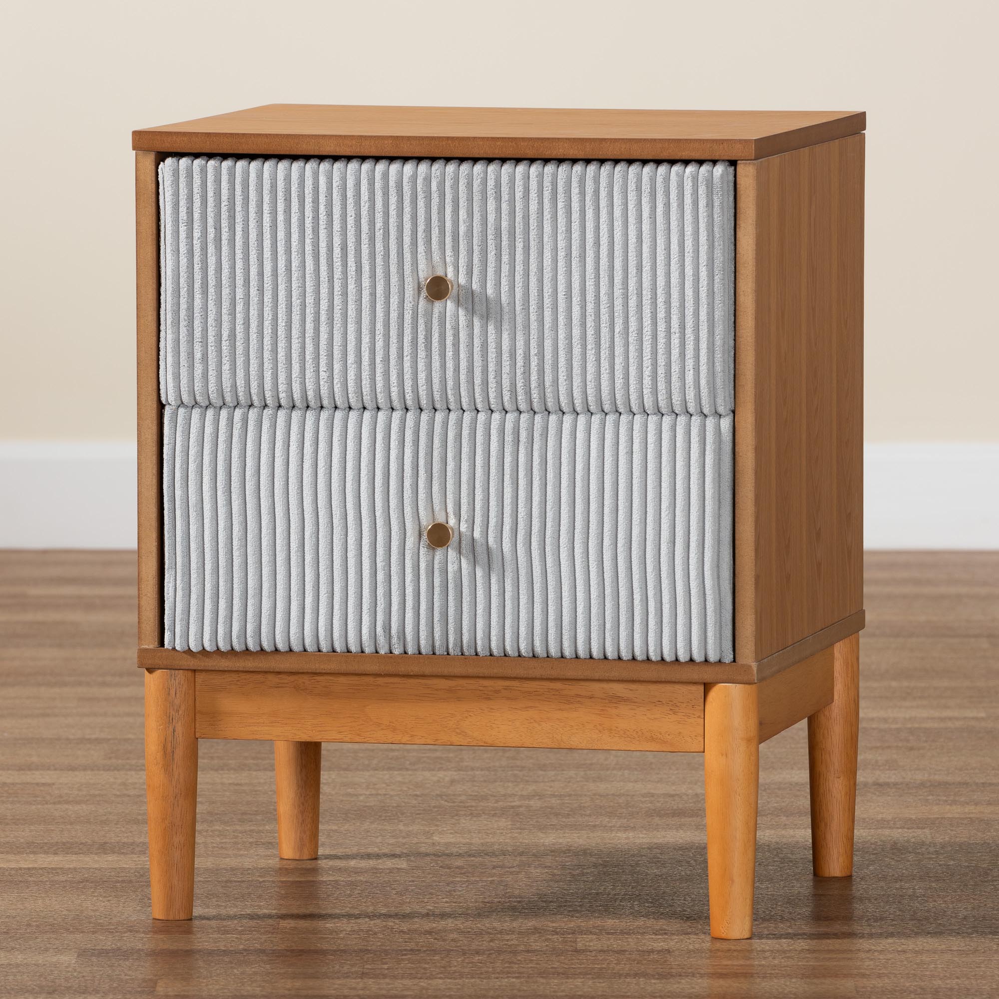 Taylin Mid-Century Corduroy and Wood 2-Drawer Nightstand