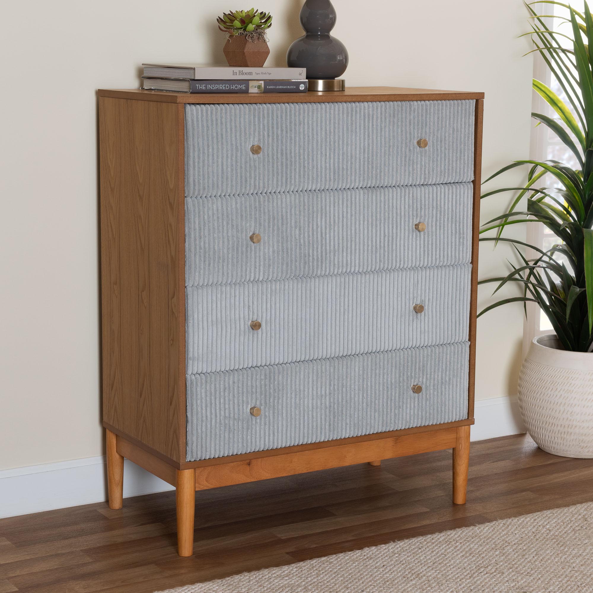 Taylin Mid-Century Corduroy and Wood 4-Drawer Chest