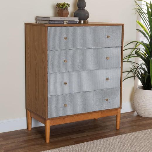 Taylin Mid-Century Corduroy and Wood 4-Drawer Chest