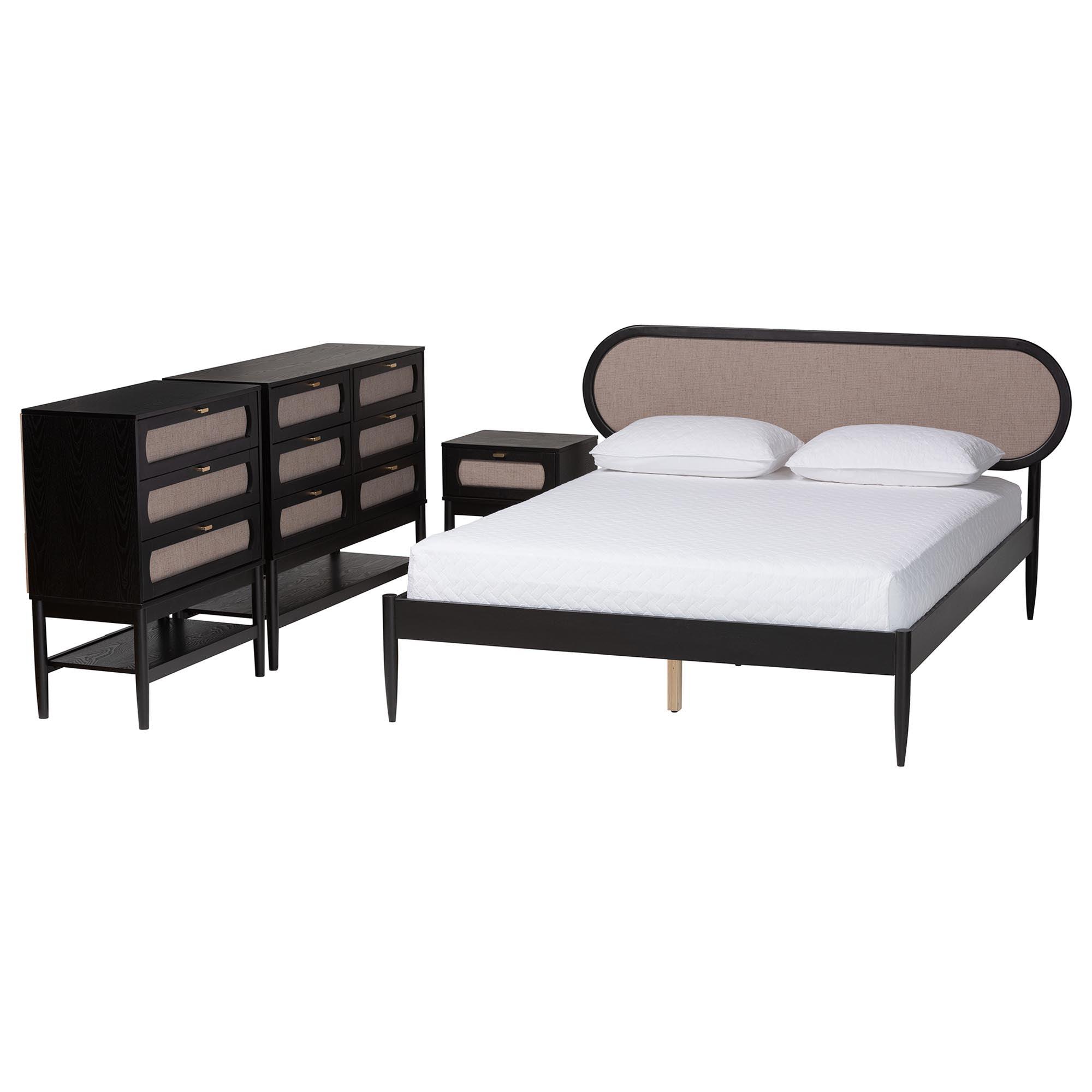 Shirin Mid-Century Fabric and Wood 4-Piece Bedroom Set