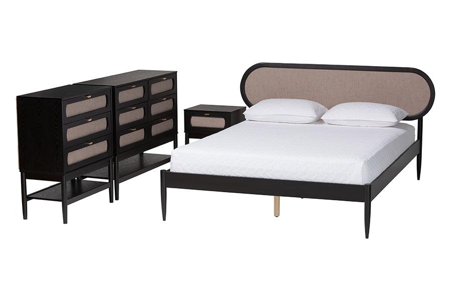 Shirin Mid-Century Fabric and Wood 4-Piece Bedroom Set