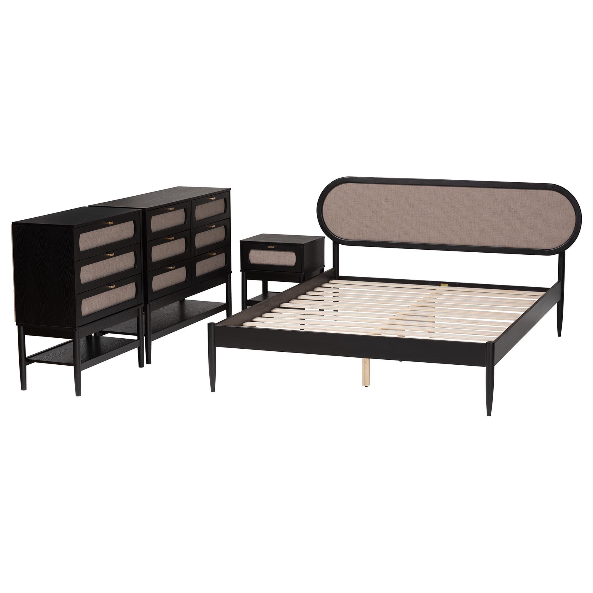 Shirin Mid-Century Fabric and Wood 4-Piece Bedroom Set