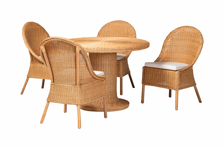 bali & pari Willy 5-Piece Rattan Dining Set - Round Wicker Table with Pedestal Base and 4 Side Chairs, Handwoven Boho Coastal Style for Dining, Kitchen or Sun Room, Light Honey