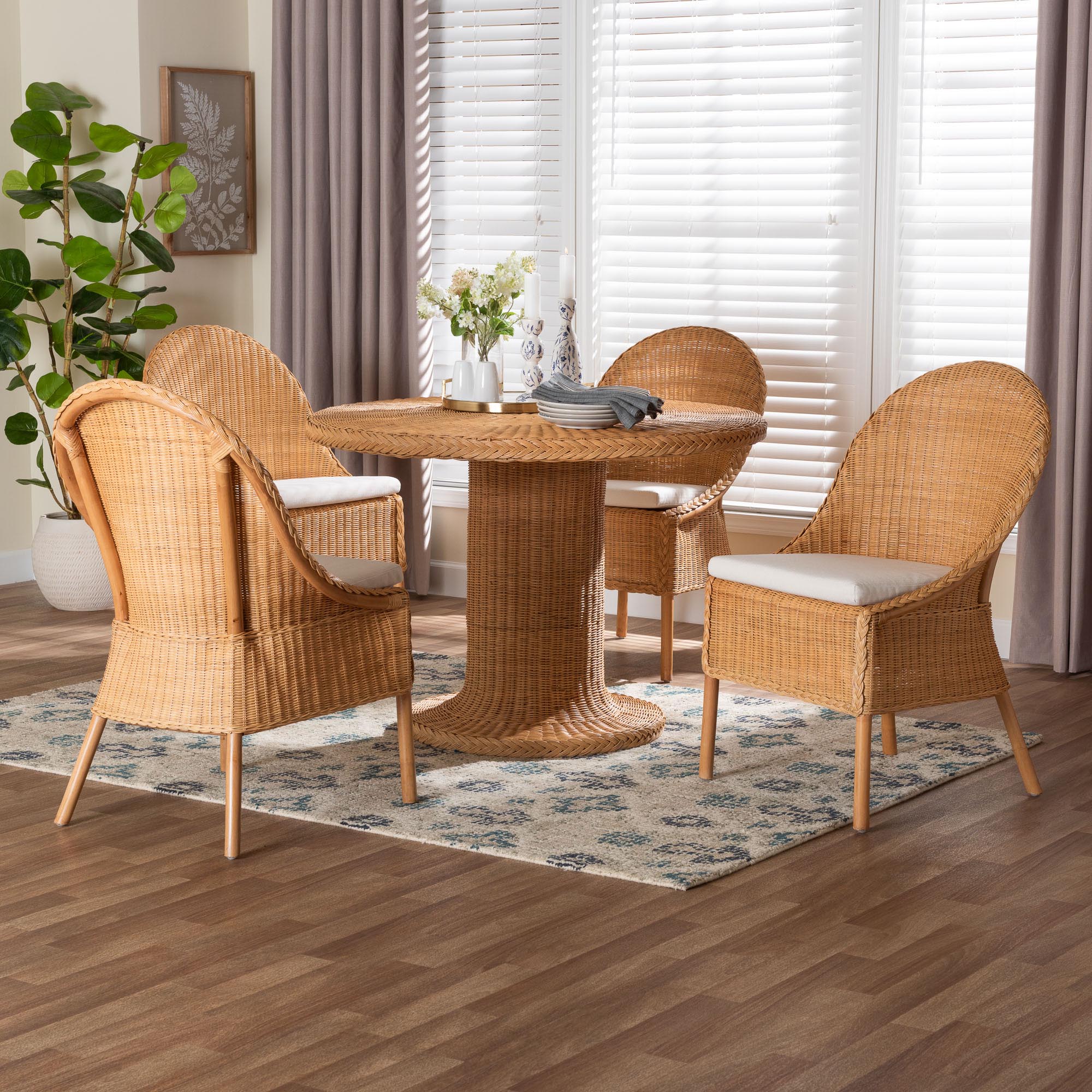 bali & pari Willy 5-Piece Rattan Dining Set - Round Wicker Table with Pedestal Base and 4 Side Chairs, Handwoven Boho Coastal Style for Dining, Kitchen or Sun Room, Light Honey