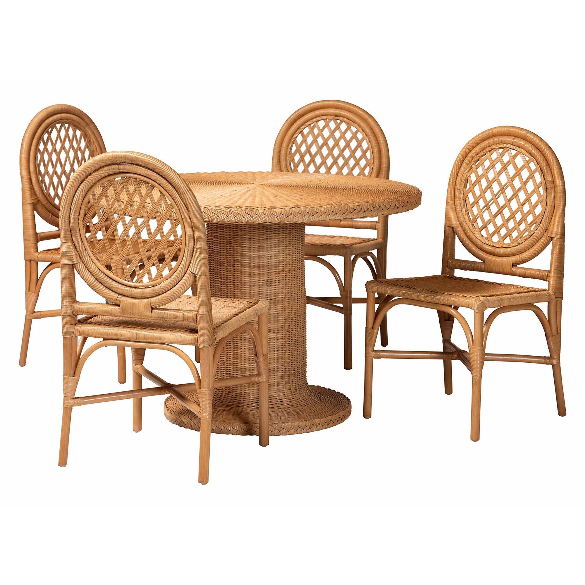 bali & pari Winslow 5-Piece Rattan Dining Set - Round Wicker Table with Pedestal Base and 4 Lattice Back Chairs, Handwoven Boho Coastal Style for Indoor Kitchen or Dining Room, Light Honey