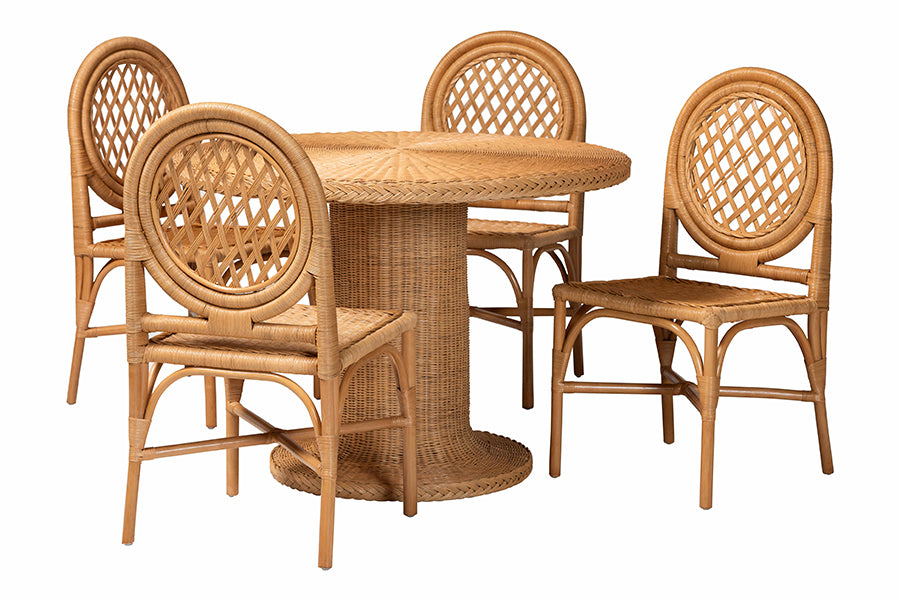 bali & pari Winslow 5-Piece Rattan Dining Set - Round Wicker Table with Pedestal Base and 4 Lattice Back Chairs, Handwoven Boho Coastal Style for Indoor Kitchen or Dining Room, Light Honey