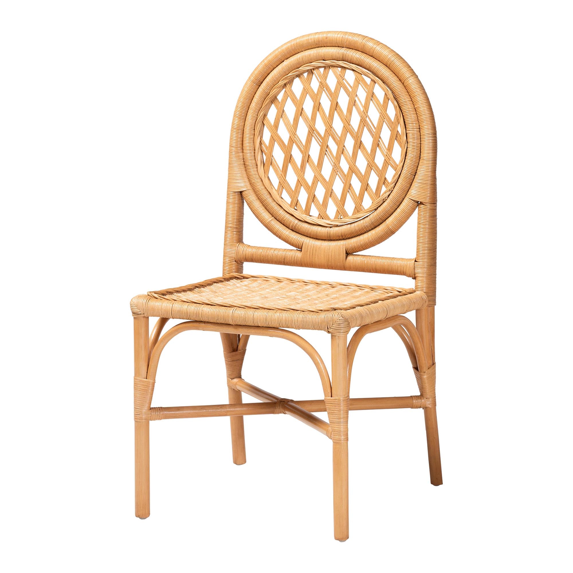 bali & pari Winslow 5-Piece Rattan Dining Set - Round Wicker Table with Pedestal Base and 4 Lattice Back Chairs, Handwoven Boho Coastal Style for Indoor Kitchen or Dining Room, Light Honey