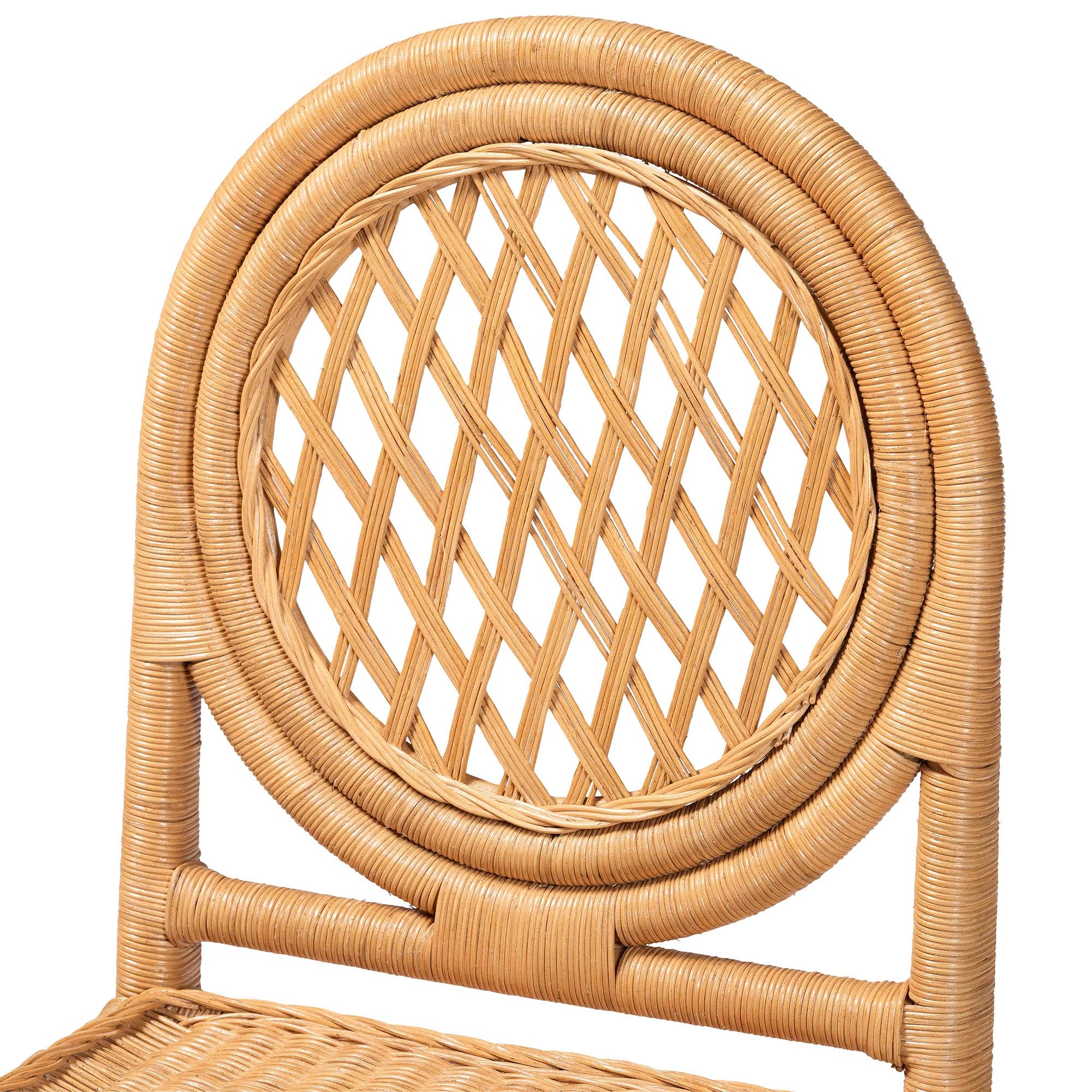 bali & pari Winslow 5-Piece Rattan Dining Set - Round Wicker Table with Pedestal Base and 4 Lattice Back Chairs, Handwoven Boho Coastal Style for Indoor Kitchen or Dining Room, Light Honey