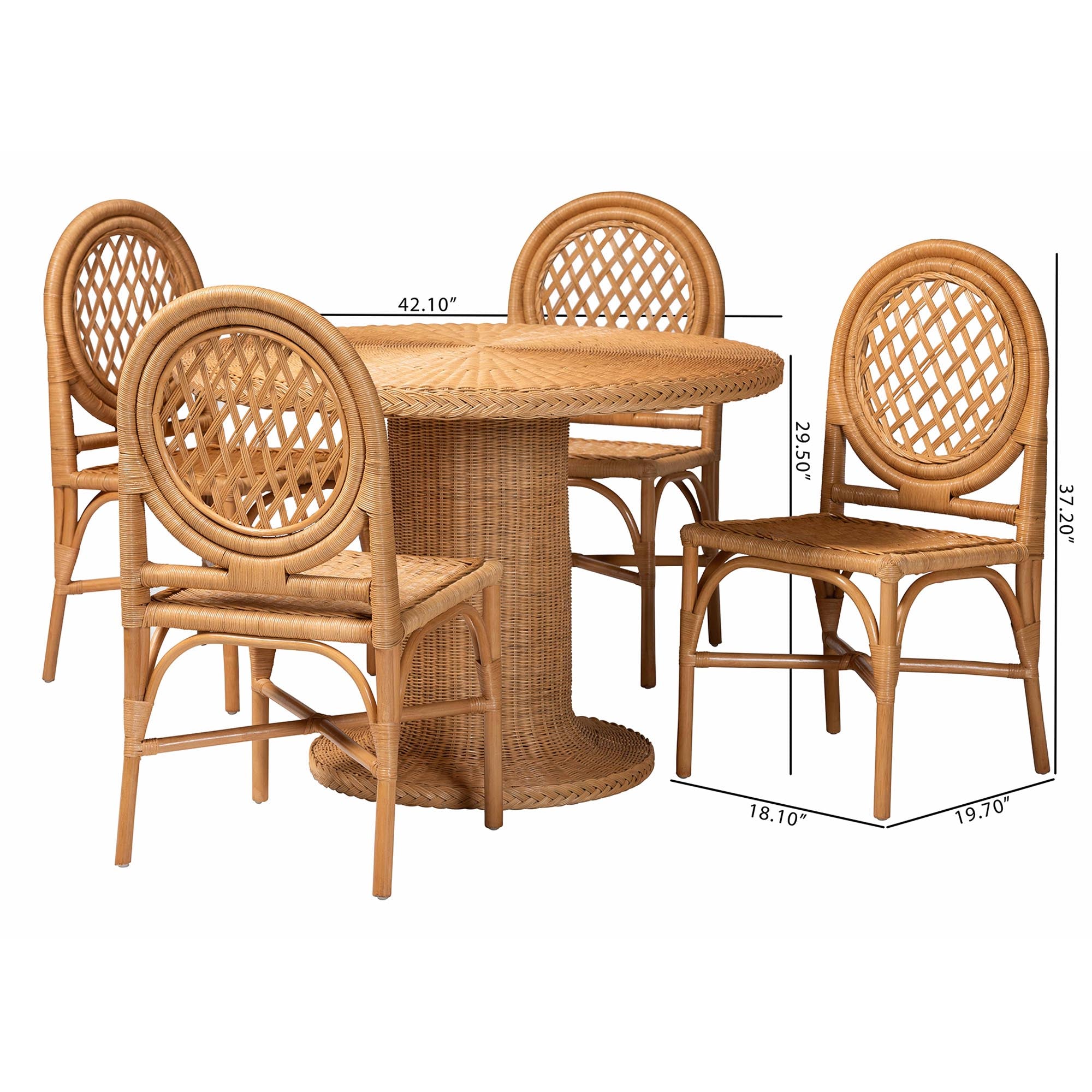 bali & pari Winslow 5-Piece Rattan Dining Set - Round Wicker Table with Pedestal Base and 4 Lattice Back Chairs, Handwoven Boho Coastal Style for Indoor Kitchen or Dining Room, Light Honey
