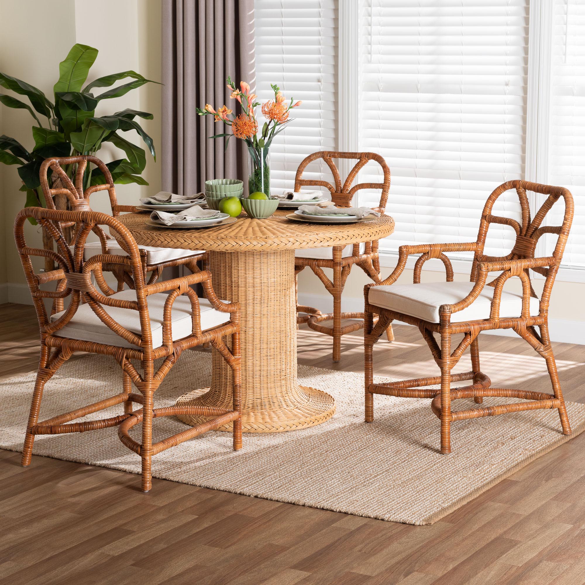 bali & pari Wade 5-Piece Rattan Dining Set - Round Wicker Table with Pedestal Base and 4 Armchairs, Handwoven Boho Coastal Style for Dining, Kitchen or Sun Room, Light Honey