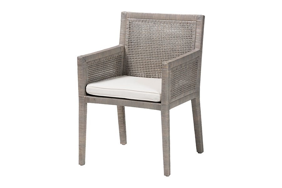 bali & pari Karis Rattan Dining Chair with Cushion - Handwoven Wicker Armchair with Mahogany Wood Frame, Coastal Boho Style Indoor Seating, French