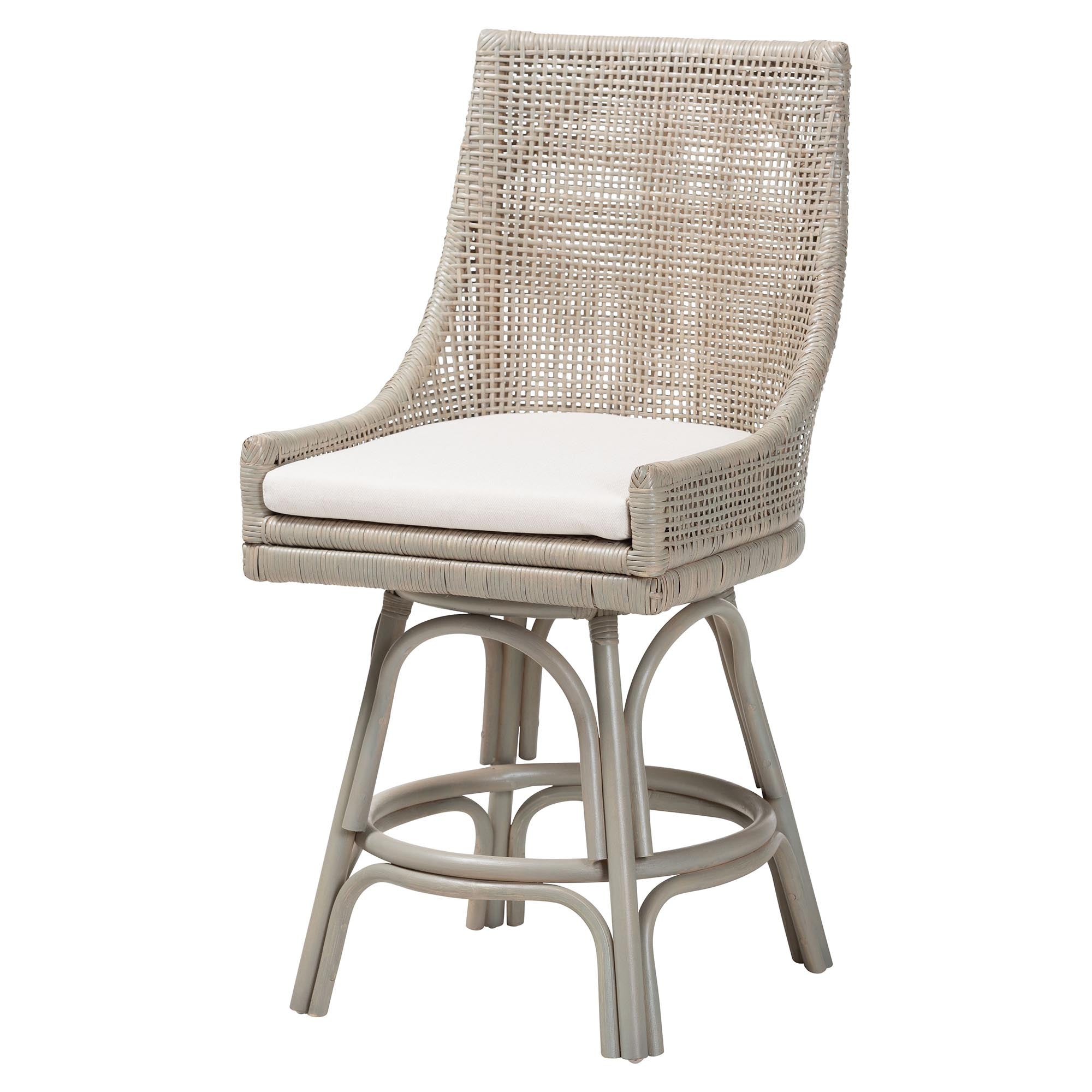 bali & pari Bella Swivel Rattan Counter Stool with Cushion - Handwoven Wicker Kitchen Island Seating with Backrest and Footrest, French