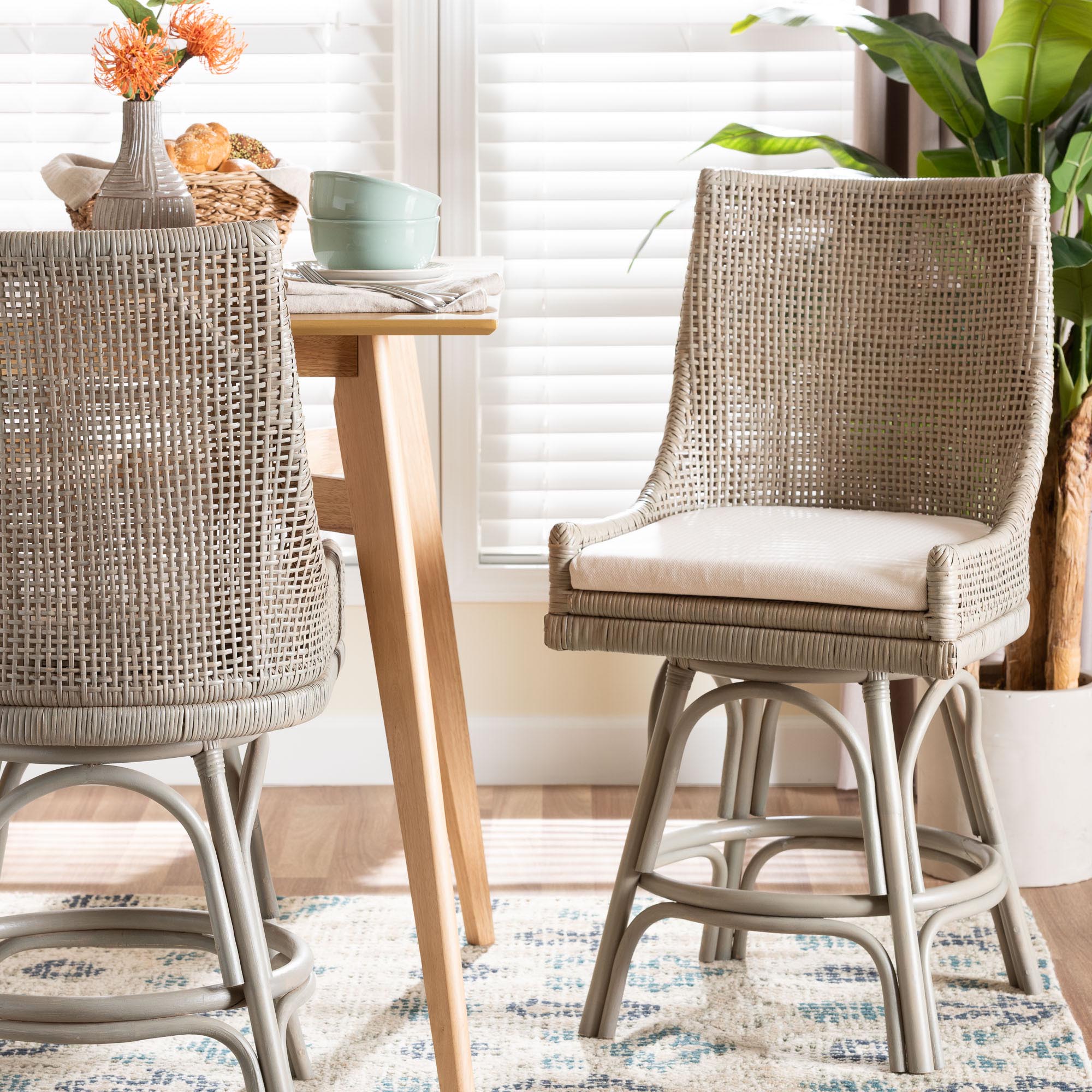 bali & pari Bella Swivel Rattan Counter Stool with Cushion - Handwoven Wicker Kitchen Island Seating with Backrest and Footrest, French