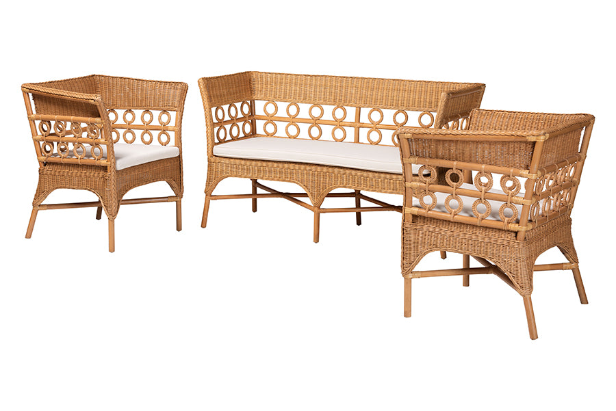 Bali & Pari Oxford Bohemian Light Honey Rattan 3-Piece Living Room Chair Set