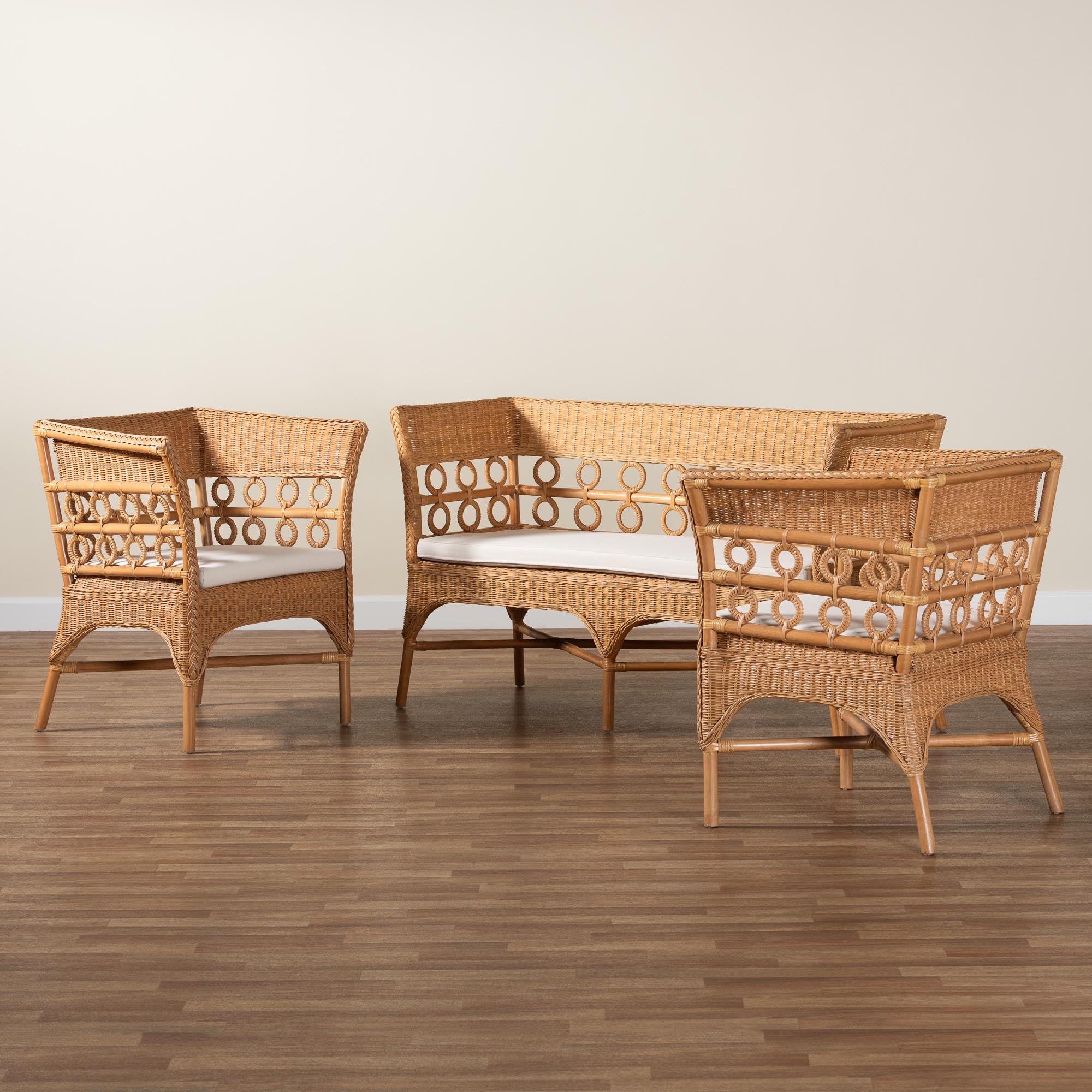 bali & pari Oxford Bohemian Light Honey Rattan 3-Piece Living Room Chair Set