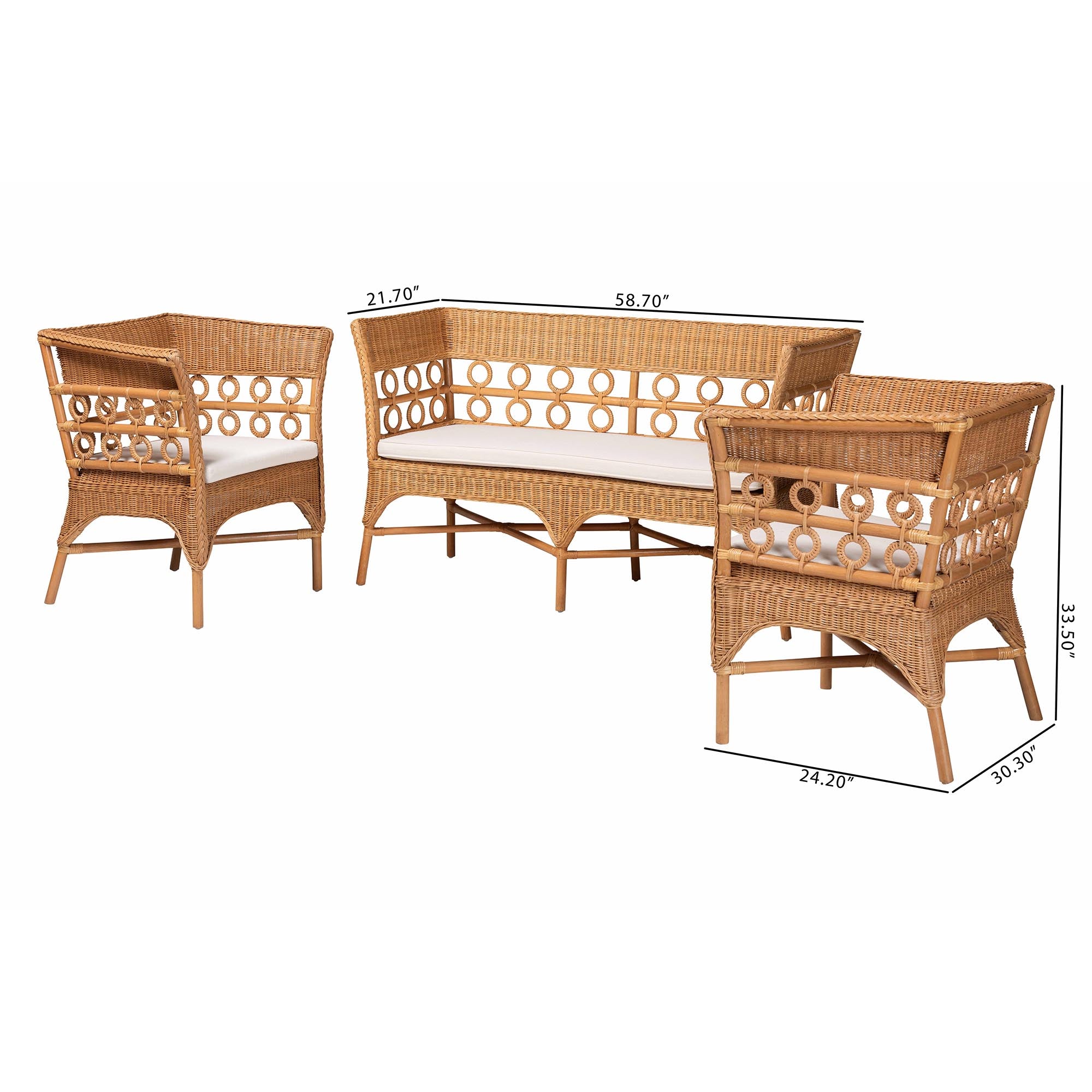 Bali & Pari Oxford Bohemian Light Honey Rattan 3-Piece Living Room Chair Set