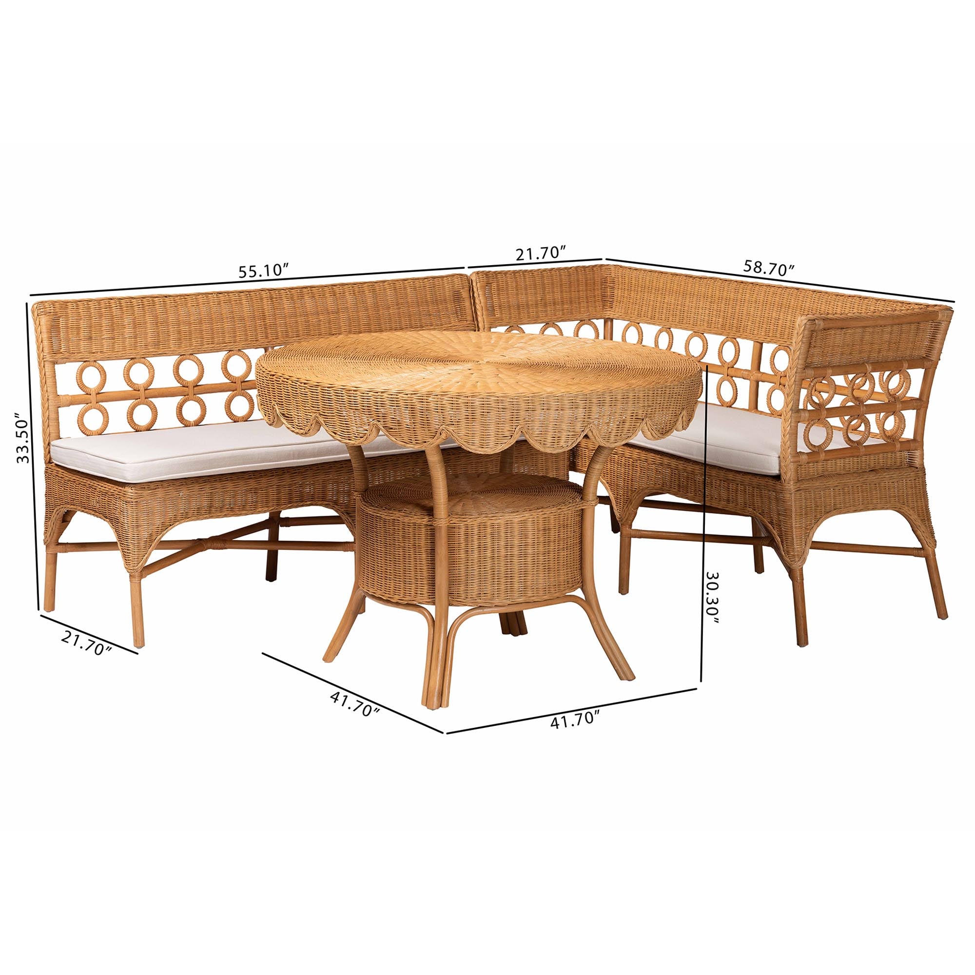 bali & pari Matilde Bohemian Light Honey Rattan 3-Piece Dining Nook Set