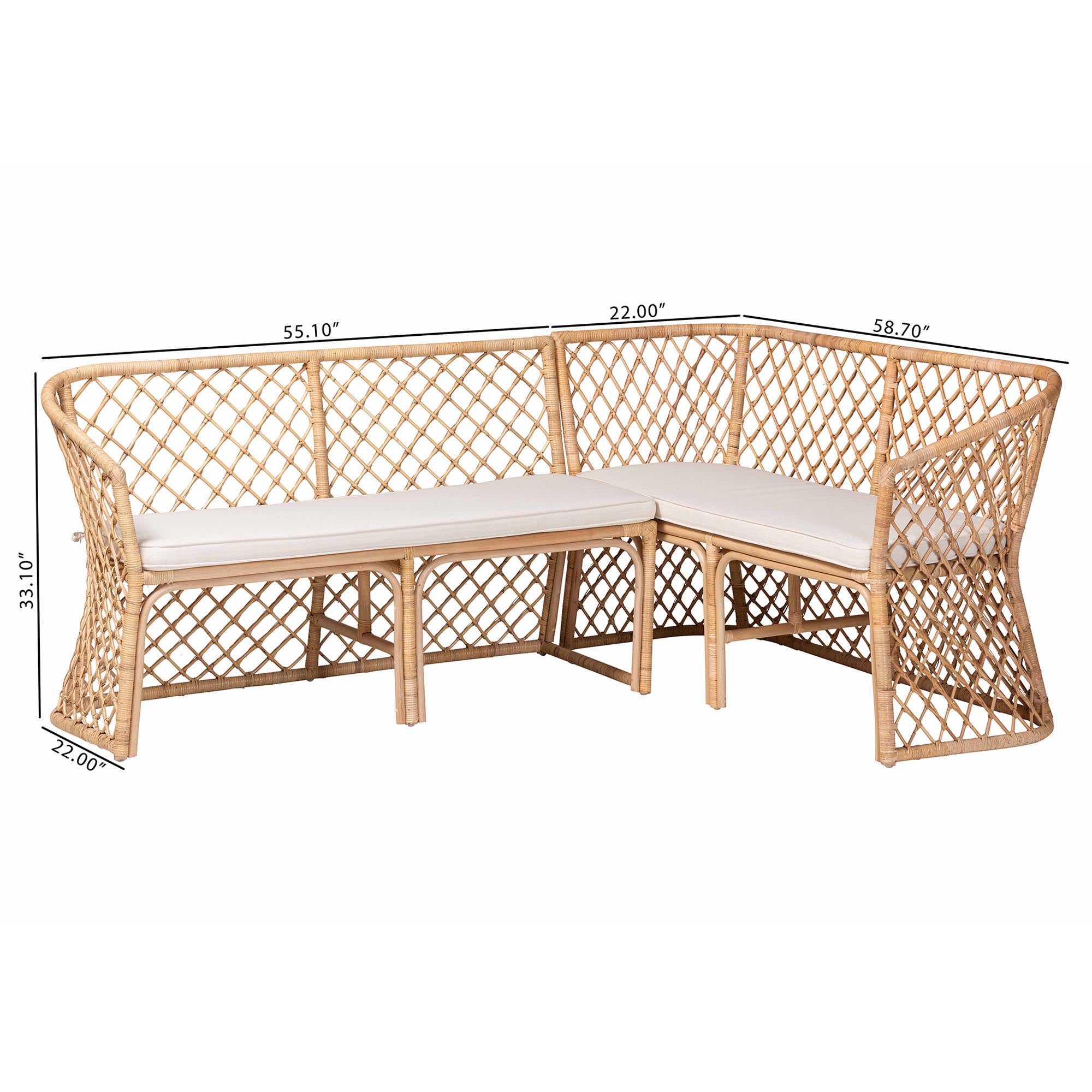 Bali & Pari Aysi Bohemian Light Honey Rattan 2-Piece Dining Nook Bench Set