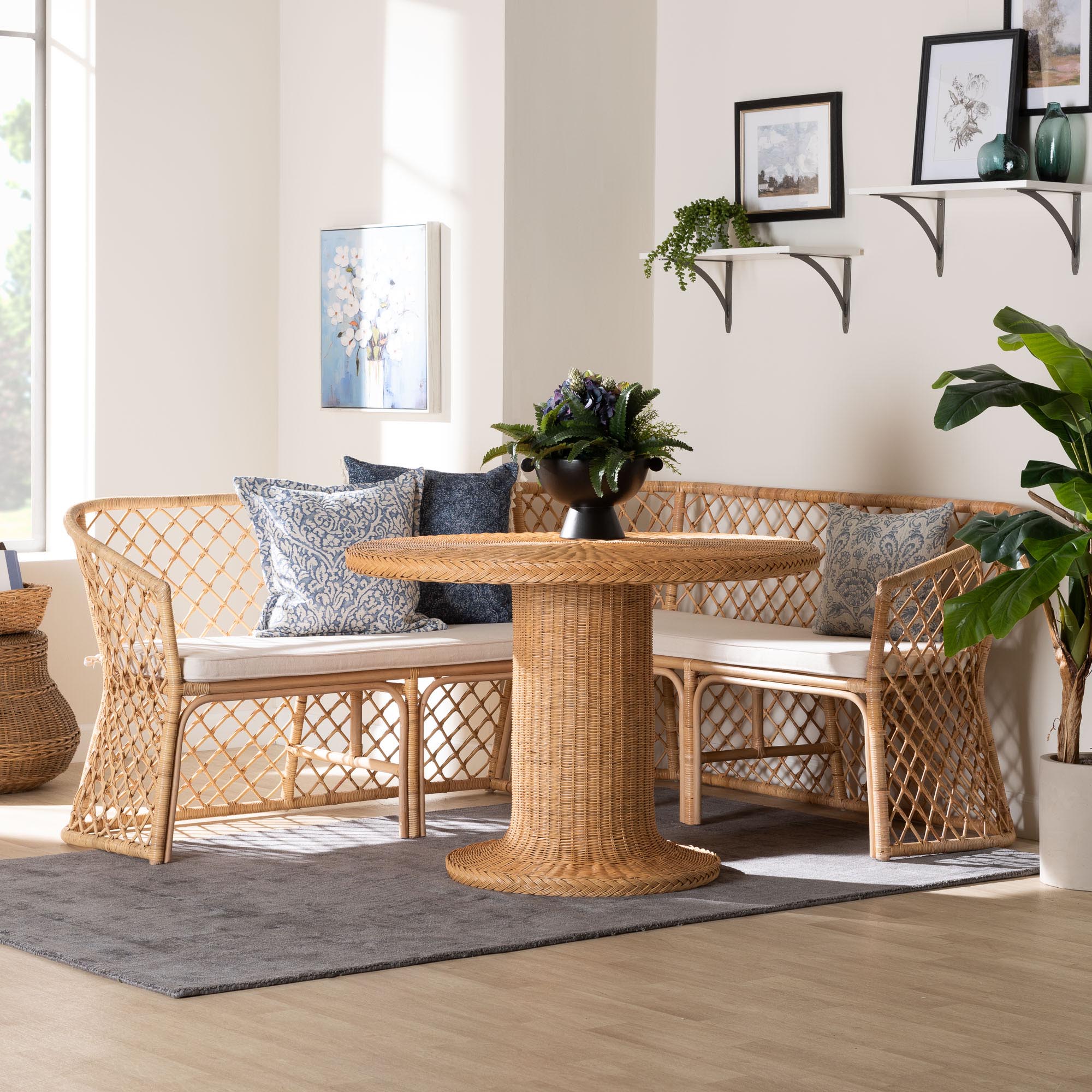 bali & pari Ellard Bohemian Light Honey Rattan 3-Piece Dining Nook Set