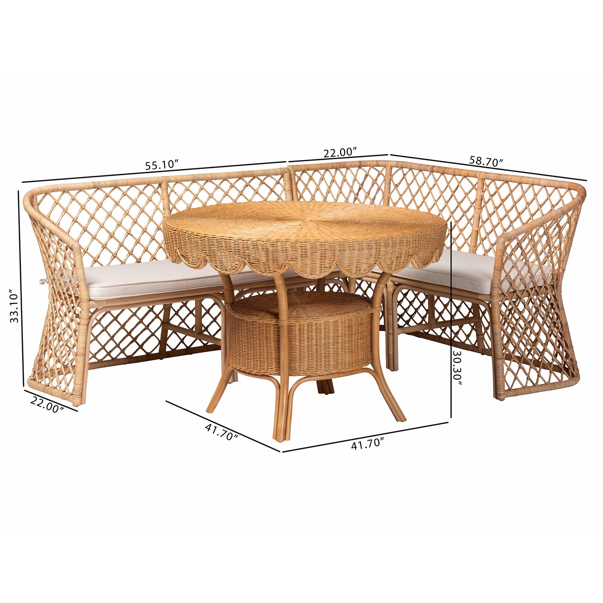 bali & pari Frayne Bohemian Light Honey Rattan 3-Piece Dining Nook Set