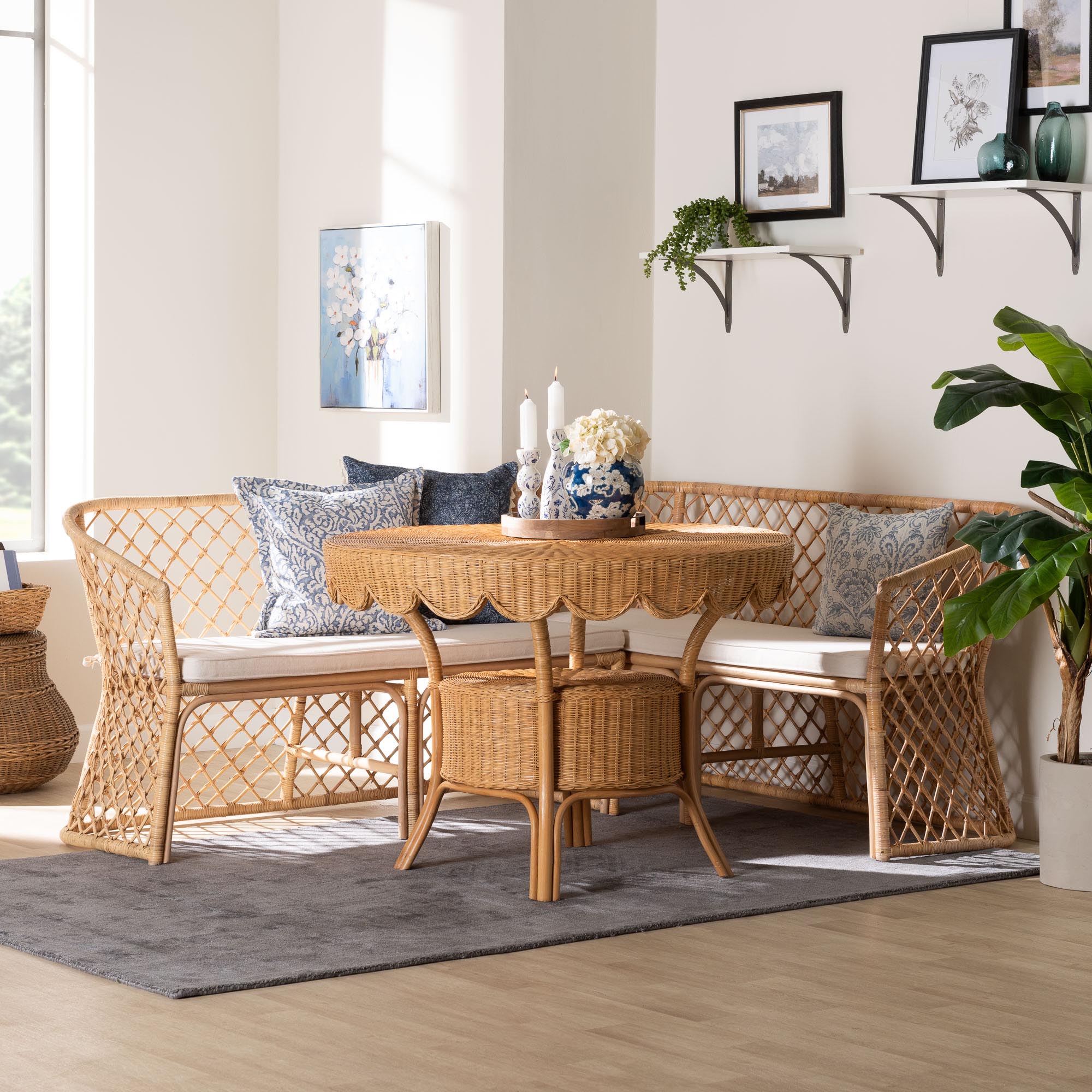 bali & pari Frayne Bohemian Light Honey Rattan 3-Piece Dining Nook Set