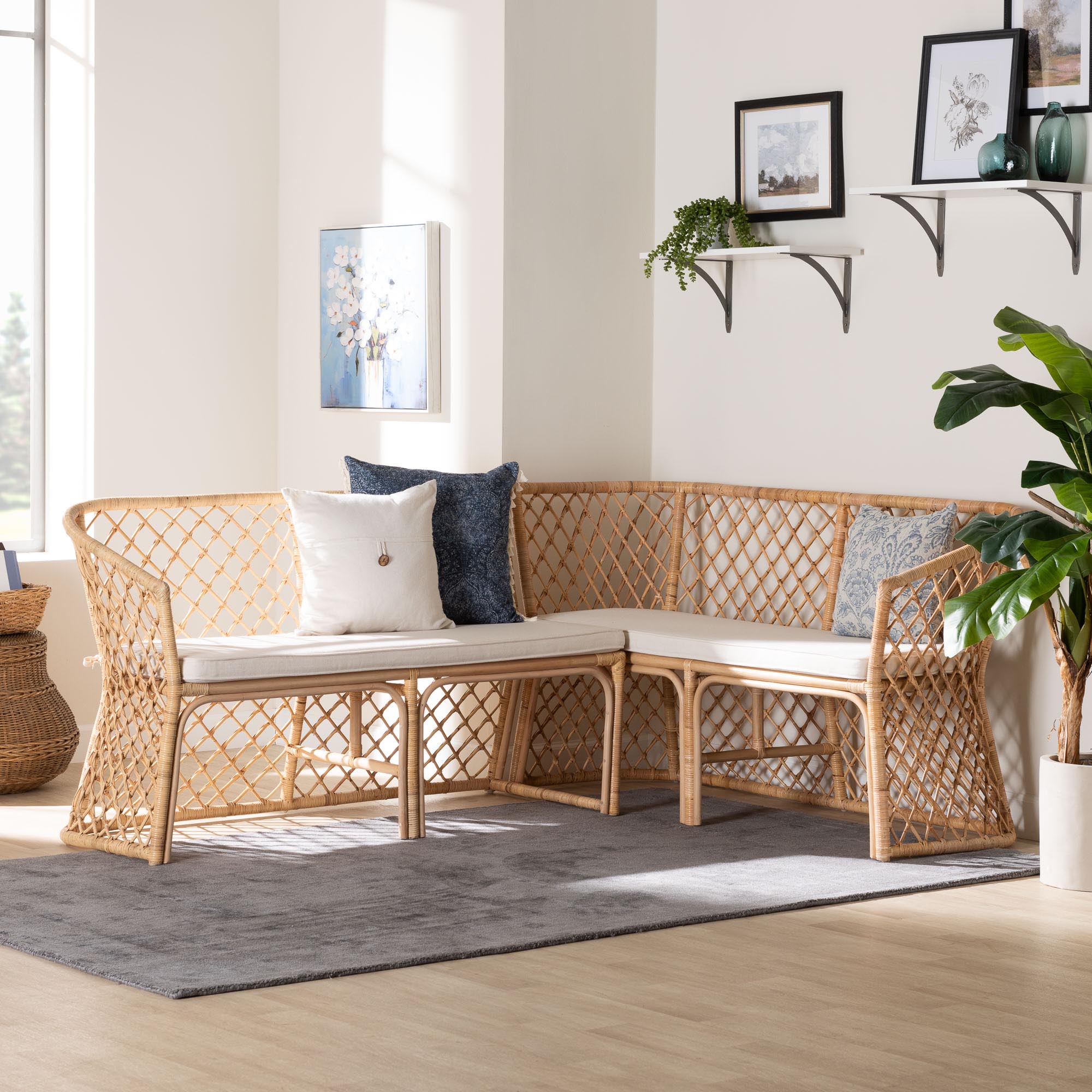 Bali & Pari Aysi Bohemian Light Honey Rattan 2-Piece Dining Nook Bench Set