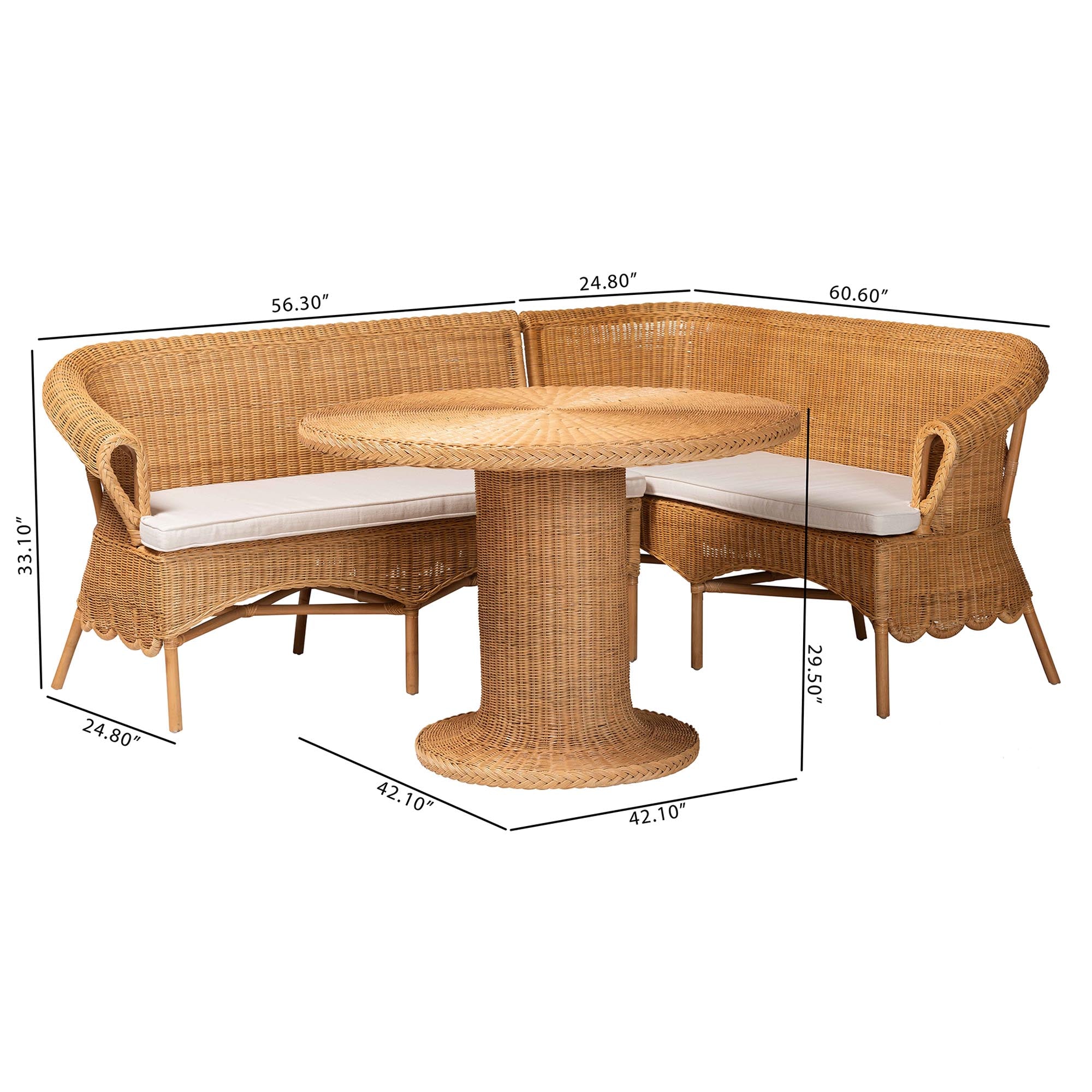 bali & pari Rashtin Bohemian Light Honey Rattan 3-Piece Dining Nook Set