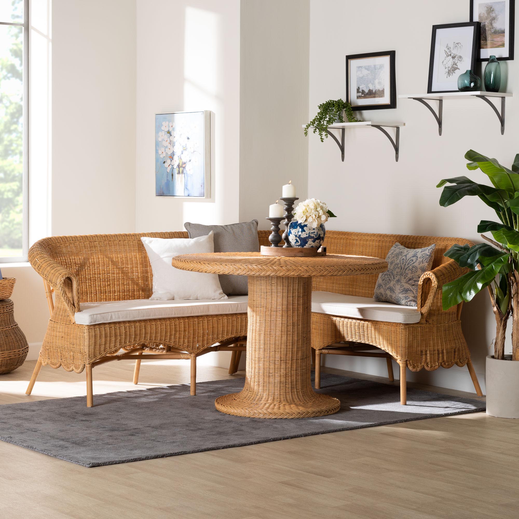 bali & pari Rashtin Bohemian Light Honey Rattan 3-Piece Dining Nook Set