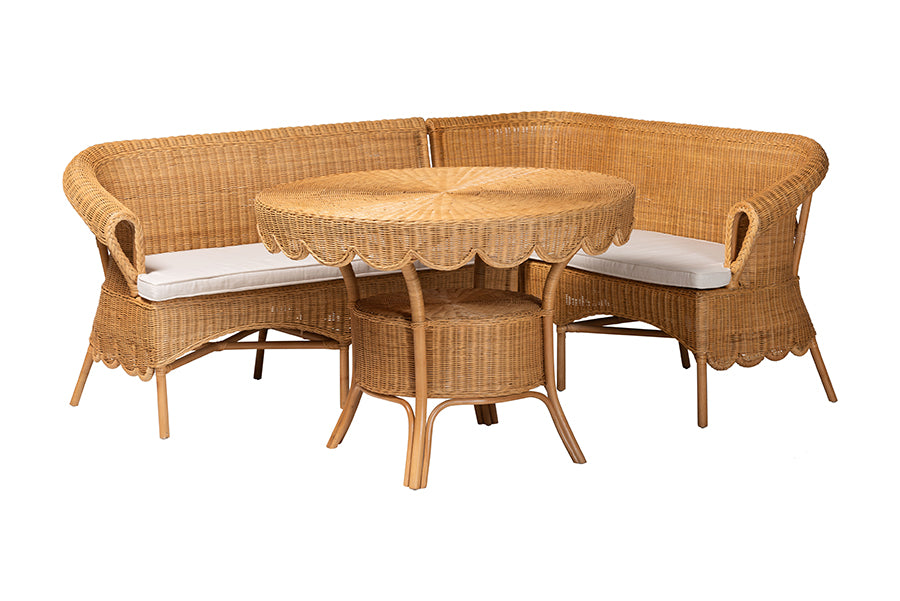 bali & pari Keitha Bohemian Light Honey Rattan 3-Piece Dining Nook Set