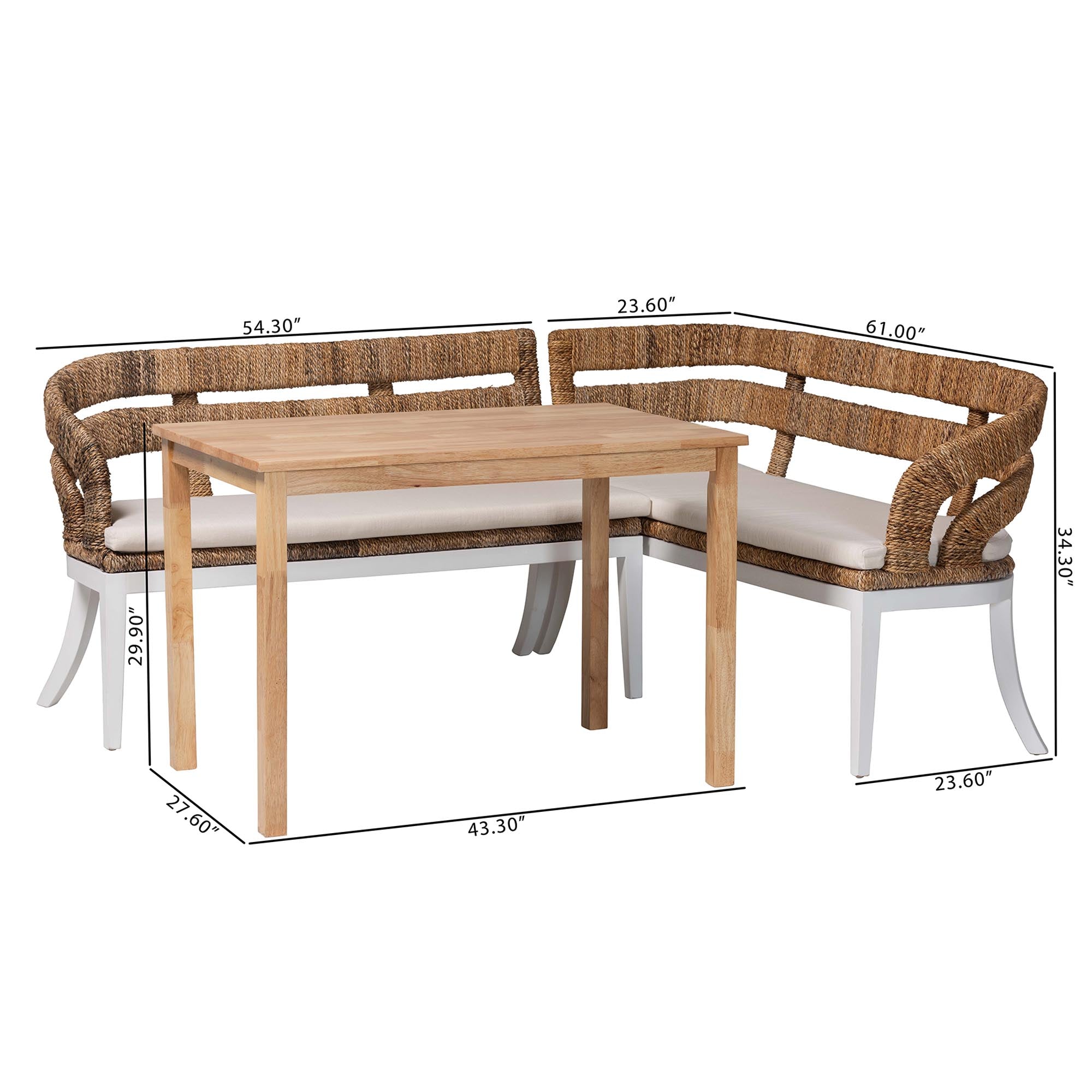 bali & pari Ubud Seagrass Dining Nook Set with Wood Dining Table and Cushioned L-Shaped Bench - Coastal Farmhouse Breakfast Corner Furniture Set for Kitchen or Dining Room, 3-Piece